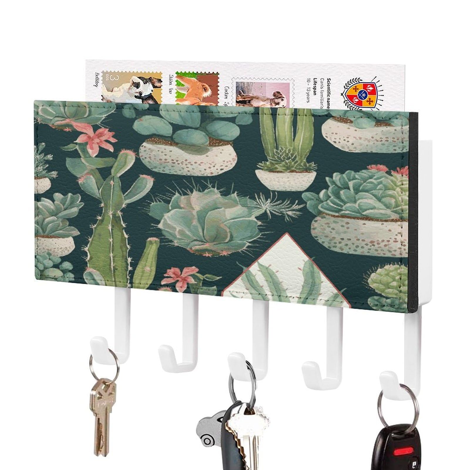 Succulent Plants And Cactus Key Holder Wall Mount Decorative Key And Mail Holder Pu Key Rack with 5 Hooks Key Hanger Organizer Decorative Home Decor for Wall for Entryway Office Living Room White-styl