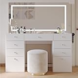 Boahaus Selina Extra Large Makeup Vanity Desk with Dimmable LED, 2 Bluetooth Speakers, USB Type C & Type A, 110 V Power Outlet, 9 Drawers, Crystal Knobs - Premium White