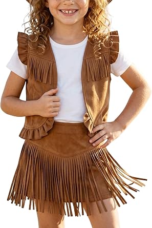 Toddler Cowgirl Outfit - Faux Suede Fringe Vest & Skirt, Short Sleeve Shirt