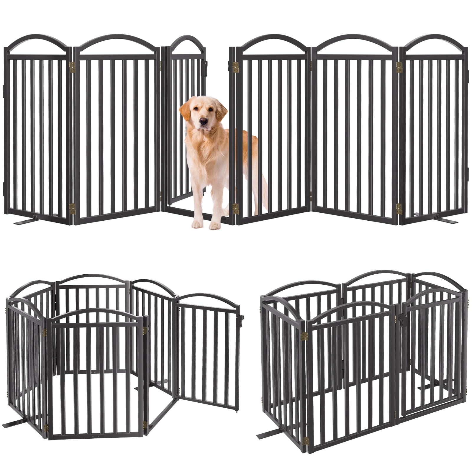 Malier Metal Freestanding Dog Gates with Door, 32'' Height Outdoor Indoor Dog Fences, Extra Wide Foldable Puppy Gate for Stairs (Black, 【6 Panels with