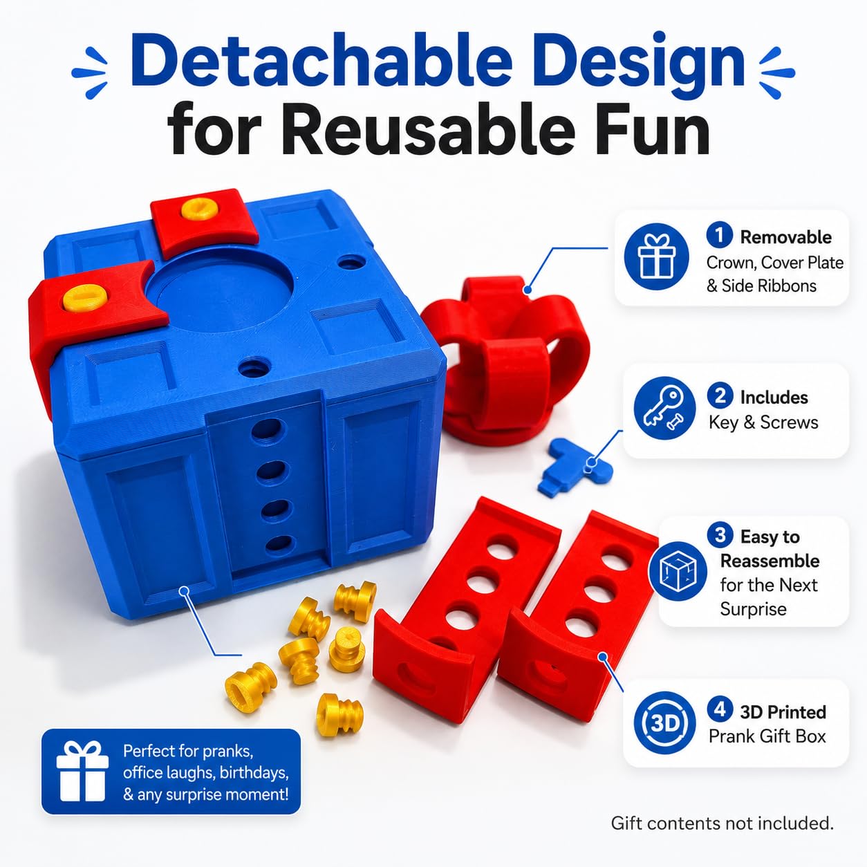 3.14" Annoying Gift Box, The Annoying Present, Prank Box with Screw, 3D Printed Annoying Gift Box, 3D Printed Hilarious Money Card Container (Blue Box with Red)