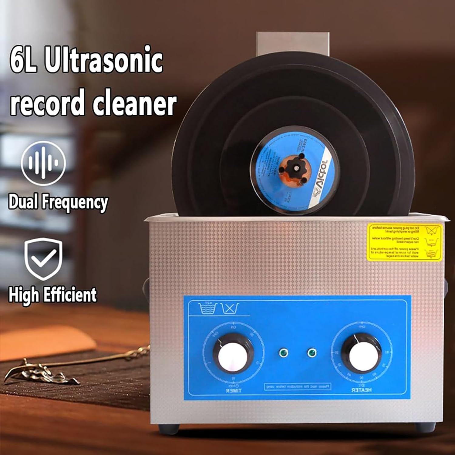 Commercial Ultrasonic Record Cleaner 6L, Adjustable 70-180W Power, 6 Discs, 0-30 Min Timer, Heating Function, Includes Dry Rack, Basket & Manual for Optimal Cleaning