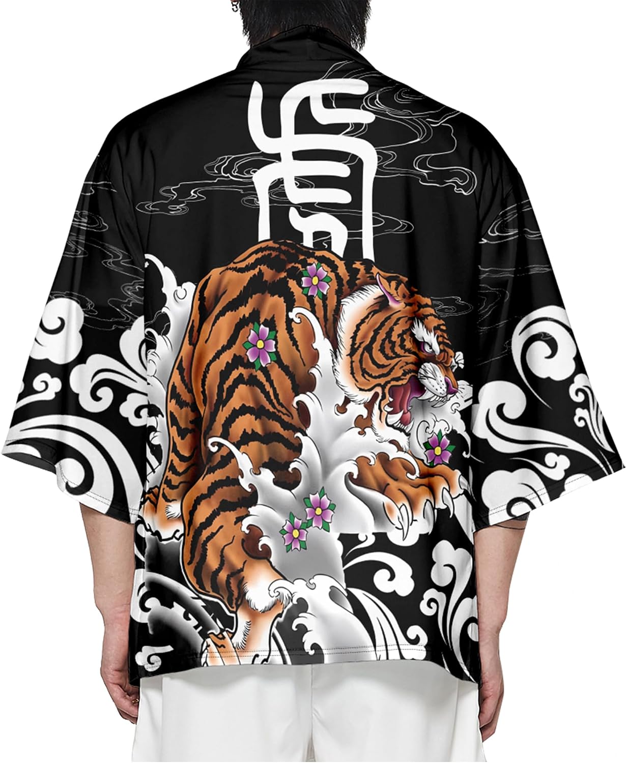 DOSLAVIDA Men's Japanese Kimono Cardigan Suit Chinese Style Printed Jacket Pants Set Open Front Seven Sleeve Top & Shorts
