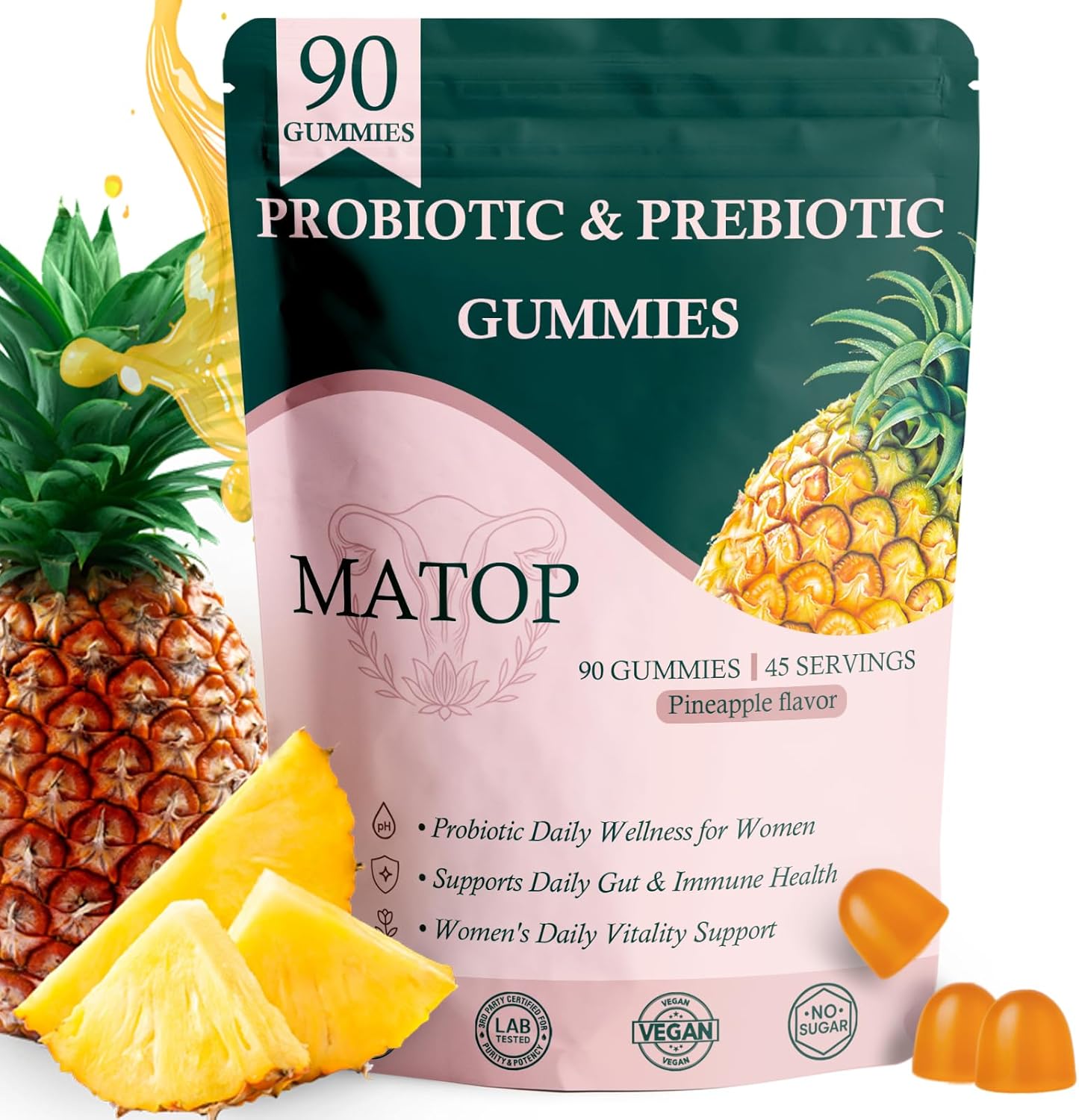 MATOP Probiotic Prebiotic pH Balance Gummies - Vaginal Health Gummies for Women Pro + Prebiotic with Pineapple Flavor, Vegan, Sugar-Free – 90 Gummies (45 Servings)