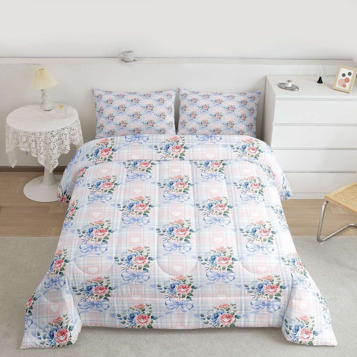 Feelyou Pink and Blue Floral Bow Bedding Set Soft for Boys Girls, Cute Bowknot Comforter Set Twin Size Rose Flower Duvet Quilt Microfiber Bedroom Decor 2 Pcs with 1 Pillow Cases