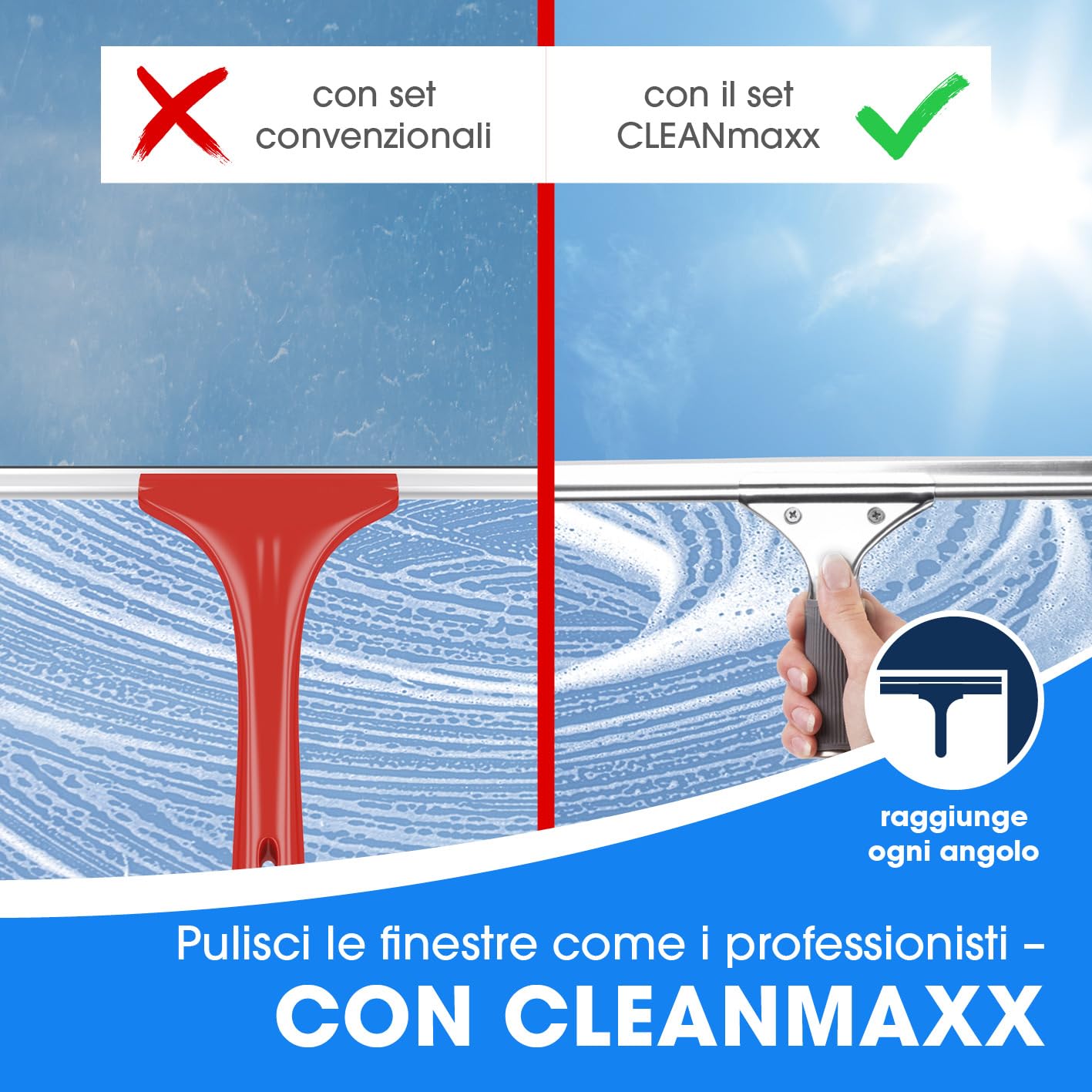 CLEANmaxx Set de Nettoyage Simple et Efficace pour des vitres de la Maison | Comprend Une raclette, Une Brosse, Un nettoyant, Un Chiffon, Un Seau et 2 Fixations pour la Brosse et la raclette [Bleu]