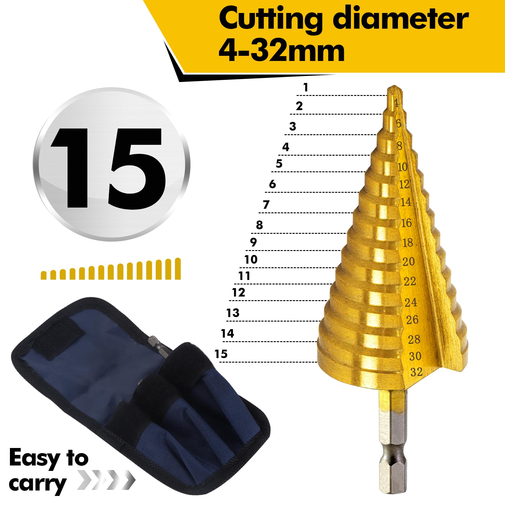 Set 3 Punte A Gradino HSS - Per Forare Legno, Metallo, Plastica, Diametri 4-12mm, 4-20mm, 4-32mm - Foto 8