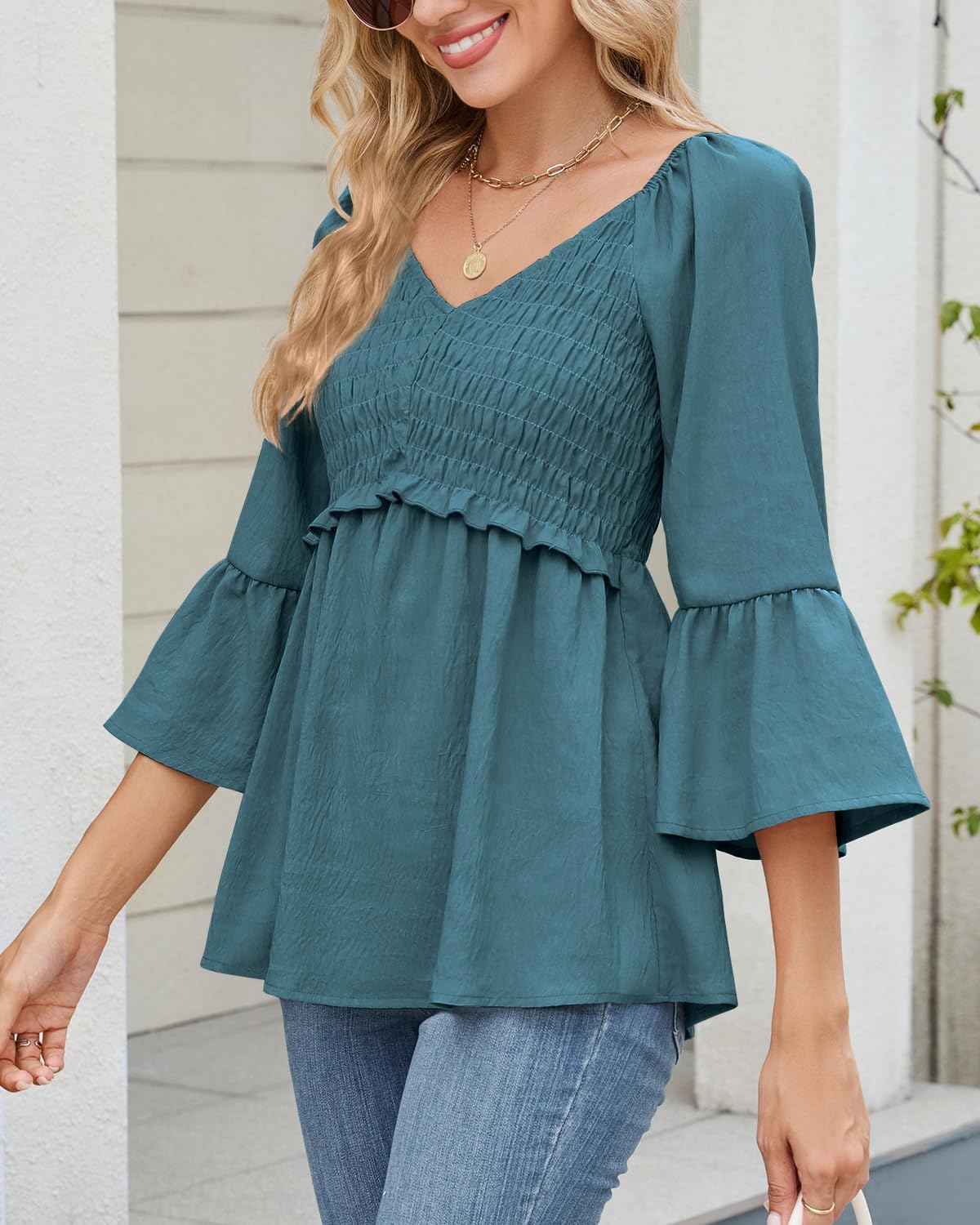 Womens Ruffle 3/4 Sleeve Babydoll Tops V Neck Peplum Blouse Smocked Loose Fit Tunic Top Bell Sleeve Dressy Tee Shirts - Image 4