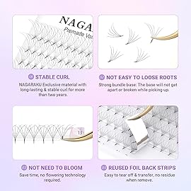 NAGARAKU Premade Fans Eyelash Extensions 320 Fans 5D Volume 0.07mm D curl 13mm Sharp Narrow Stem Clusters Thin Pointy Base Russian Pre Fanned Fluffy Matte Black