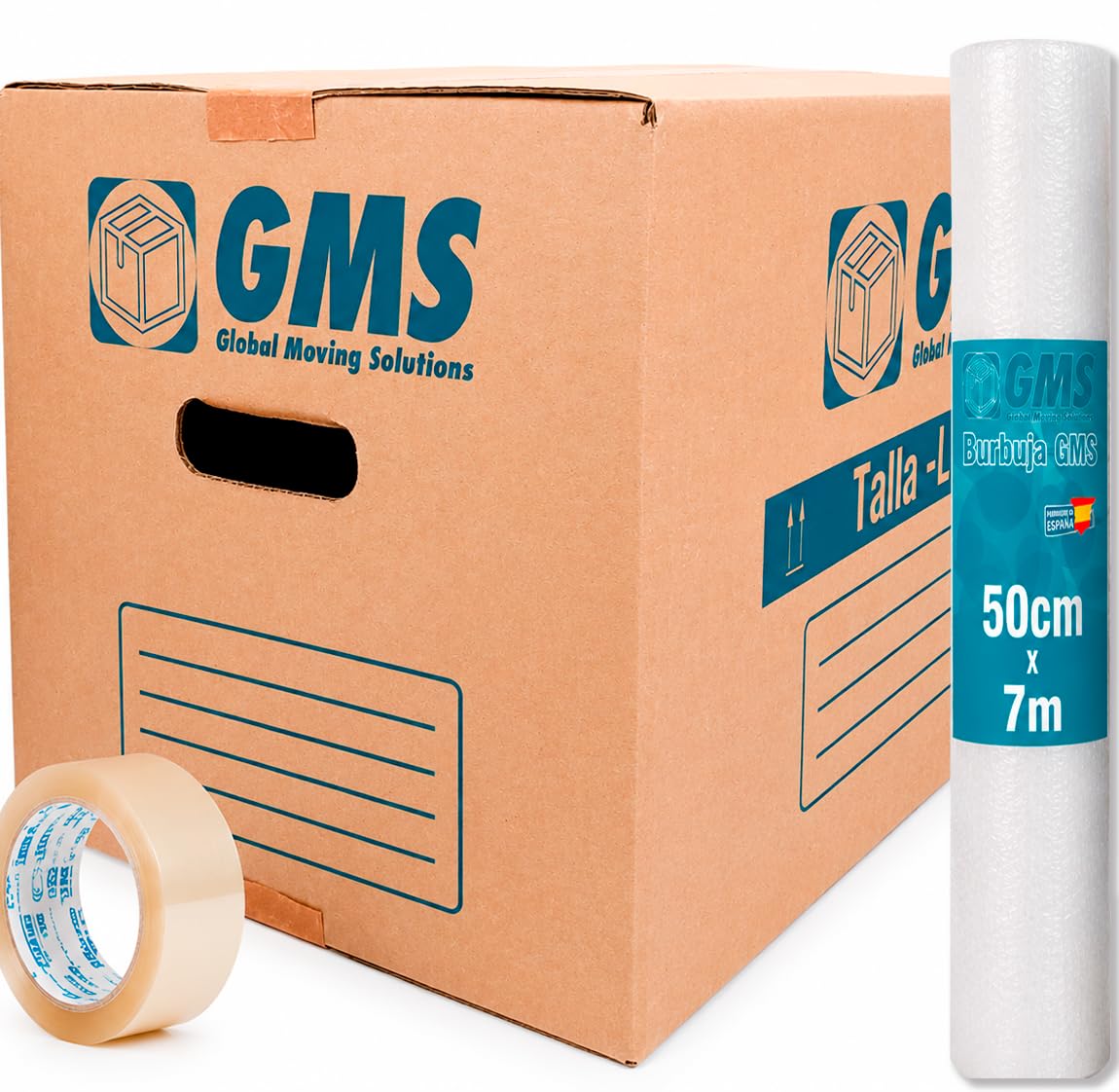 GMS - 20 Cajas Cartón Mudanza 50x30x30cm Talla L de 45L + Burbuja + Precinto Para Mudanzas y Almacenaje con Asas y Con Burbuja. Cartón Alta Resistencia (20Cajas 50x30x30cm + Burbuja+Precinto)