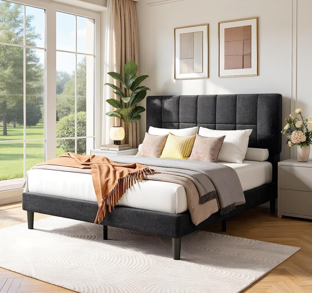 Pipishell Queen Size Bed Frame Upholstered Platform Queen Bed Frame with Adjustable Headboard,1300 lbs Strong Weight Capacity, Fully Upholstered Mattress Foundation,No Box Spring Needed, Asphalt Grey