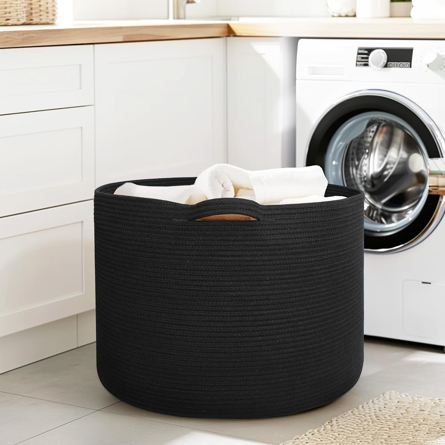 Large Black Blanket Basket, 22"x14" Woven Cotton Rope Baskets for Organizing, Kids Dog Toy Bin Box, Large Wicker Blanket Storage for Living Room, Throw Pillow Holder Organizer, Shoe Towel Bin