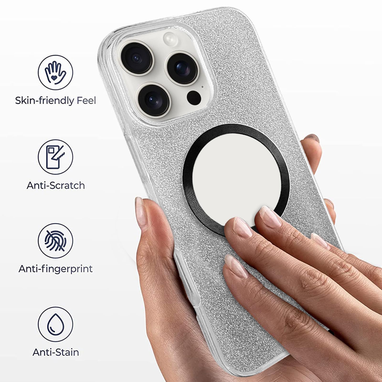 Magnetyczne etui do iPhone'a 16 Pro Max / 16 Pro/16 Plus/16, wbudowana osłona ekranu, brokatowe kryształowe, ochrona telefonu, kolor srebrny, rozmiar 16 Plus