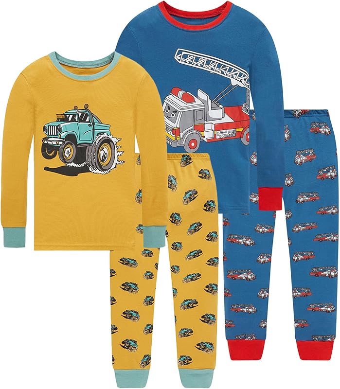 Little bety Pijamas de algodón de 4 piezas para niños pequeños Pijamas de manga larga de 24 a 12 años | Conjuntos de ropa de dormir suaves con estampados de camión, dinosaurio, espacio, ovni y tiburones para niños