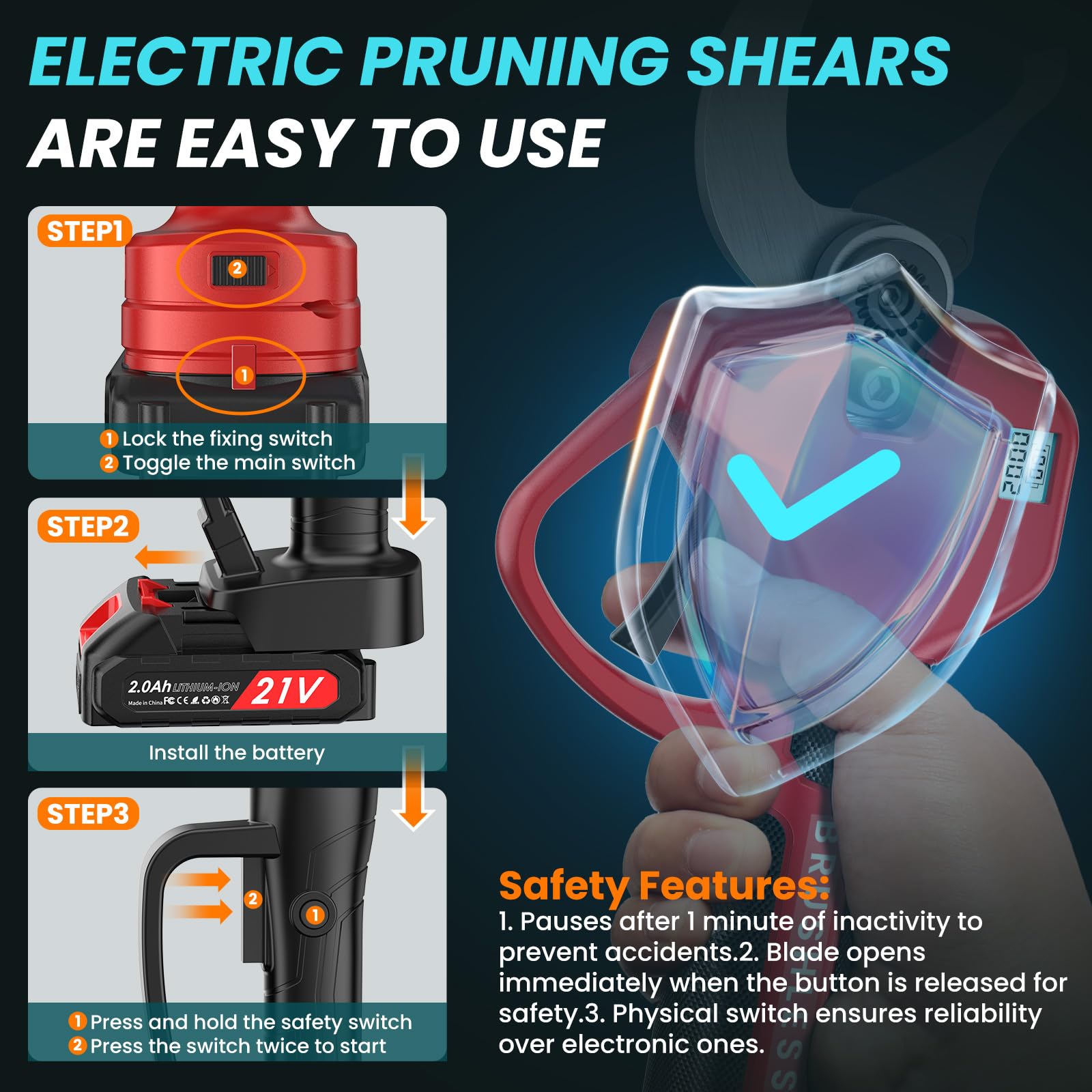 Tijeras De Podar Electricas 50mm, Con Pértiga Extensible, Pantalla De Visualización, 2X 2000 Mah Baterias, 4-8 Horas De Uso Continuo,Diámetro de corte ajustable en dos niveles, Adecuado Granjas