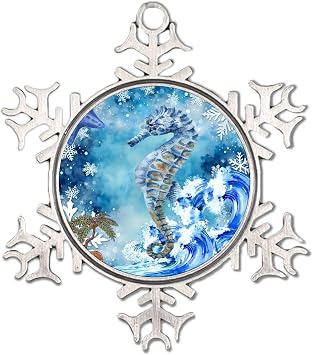 Ocean Beach Nautical Theme Underwater Sea Horse Pewter Snowflake Christmas Tree Ornament Turtle Sea Life Seahorse Hanging Keepsake Ocean Waves Compass Palm Tree Pendant for Christmas Tree Decorations