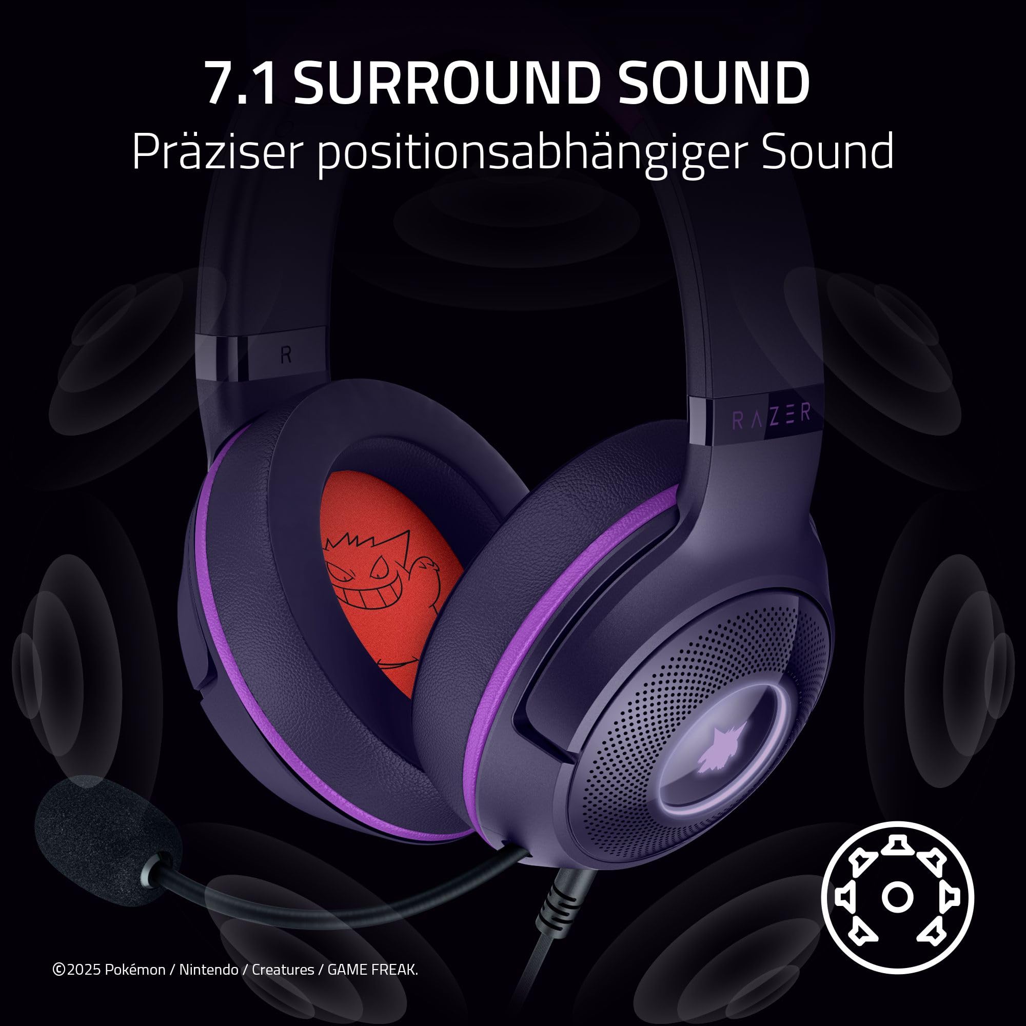 Razer Kraken Kitty V2 - Gengar Pokémon Edition - USB-Headset - Gengar-Stacheln - Streamreaktive Beleuchtung - HyperClear-Kardioidenmikrofon - Triforce 40-mm-Treiber - 7.1 Surround Sound | Violett