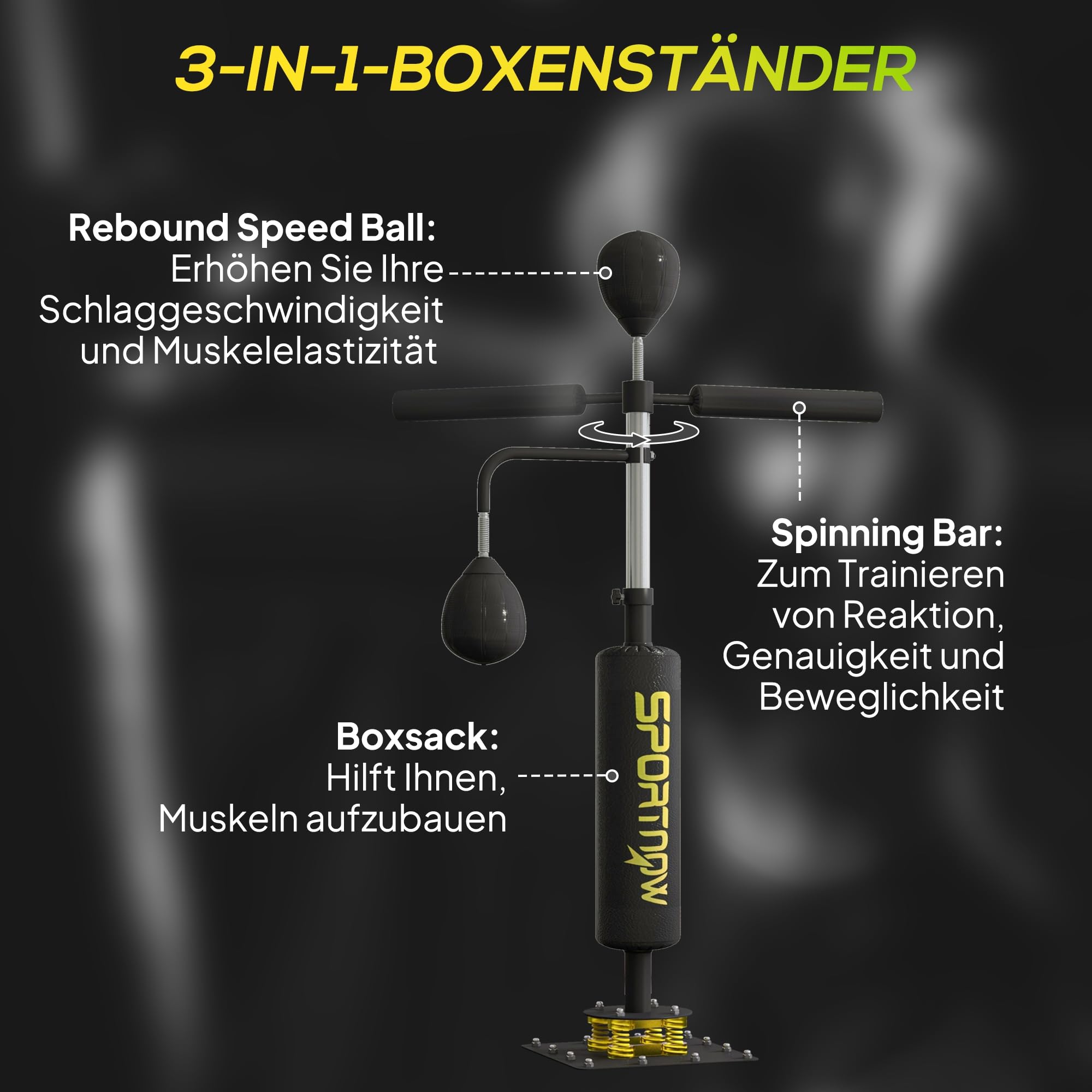 SPORTNOW Boxsack freistehend 140-205cm aufblasbarer Standboxsack mit Pumpe, Saugfuß 2 Reflexsbälle Punchingball Set höhenverstellbar Kickboxsack Speed Ball für Erwachsene Jugendliche Krafttraining