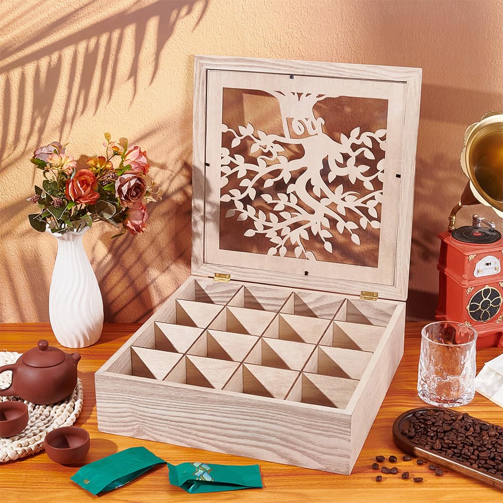 UNICRAFTALE Boîte à thé en bois brun clair avec 16 compartiments - Arbre de vie creux - Organisateur de sachets de thé pour comptoir, cuisine, garde-manger - 32 x 32 x 9,1 cm