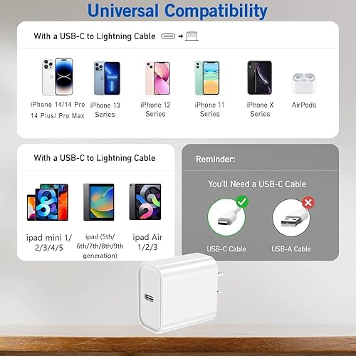 Miniatura 6 de Cargador de iPhone de carga rápida, PD i Phone USB C Cargador de pared Bloque i Phone 14 Cargador rápido con cable USB C a Lightning de 3 pies, cubo