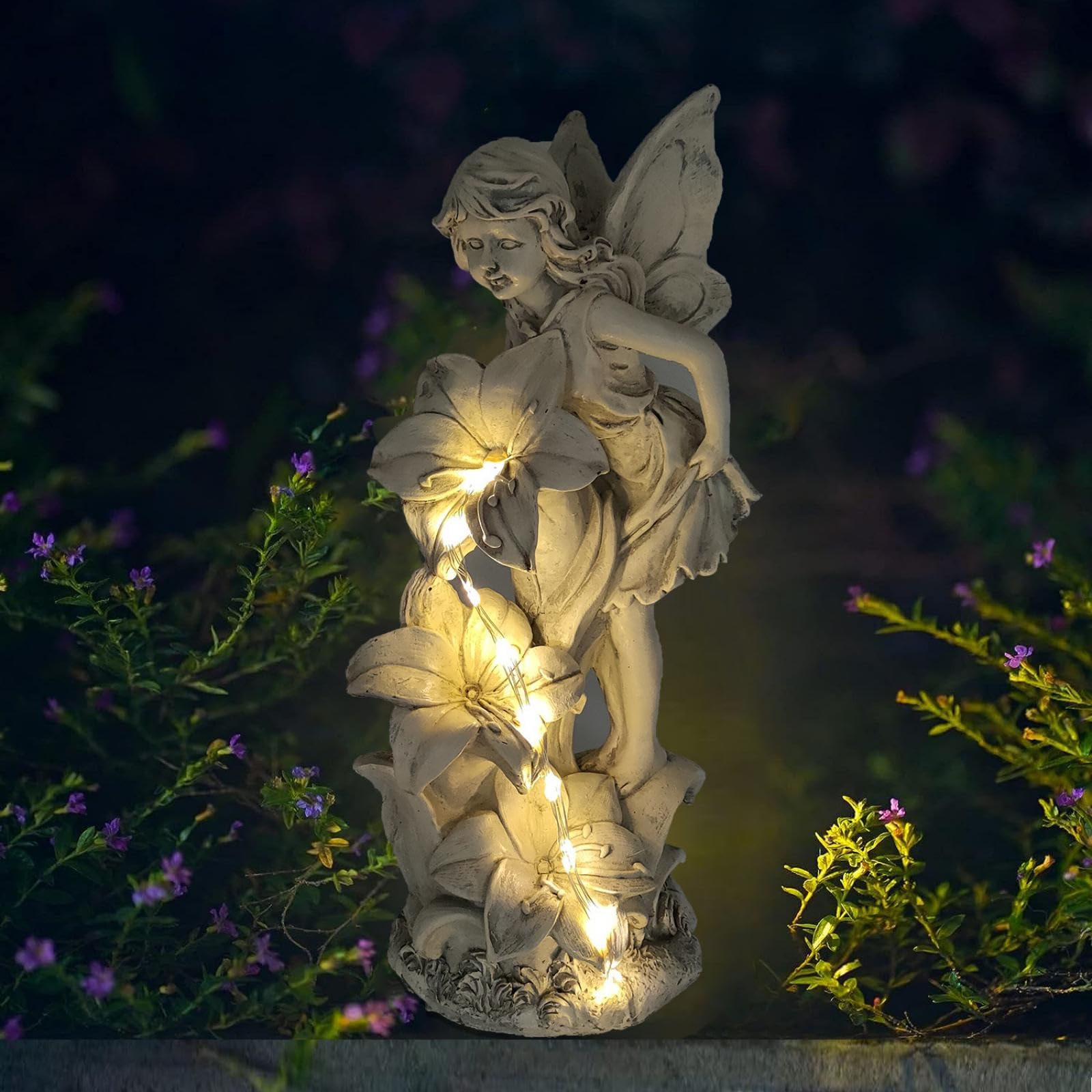 Gartendeko Fee Deko,36 LED Wasserdichte Dschinn Solar Licht,Harz Elfen Gartenstatue,Draußen Wetterfest Gartenfiguren Blumenfee Solar Figur,Fee Engel Skulptur für Rasen,Hof,Terrasse,Fensterbank