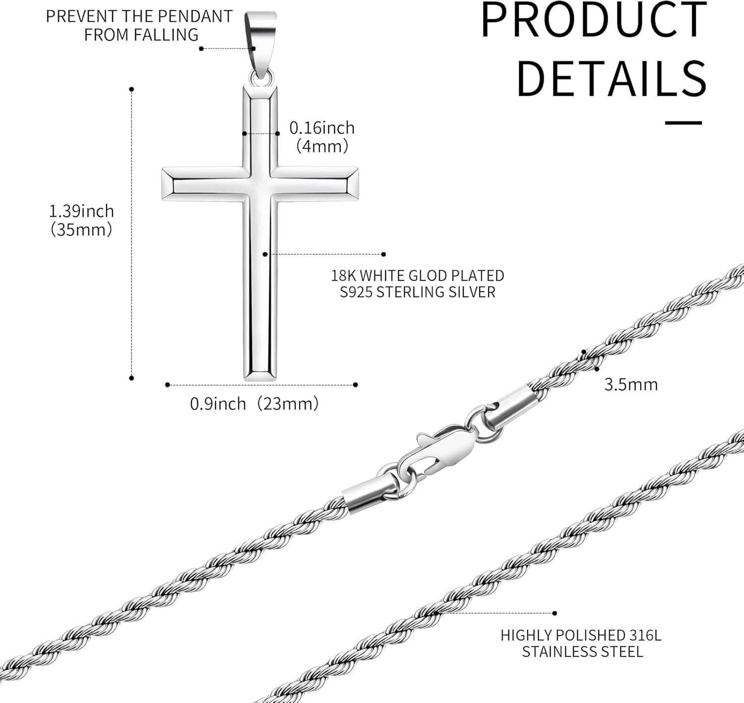 925 Sterling Silver Cross Pendant Necklace for Men Women with 3.5mm Stainless Steel Clasp Rope Twist Chain 18K White Gold Plated Highly Polished 16-28 Inches - Image 3