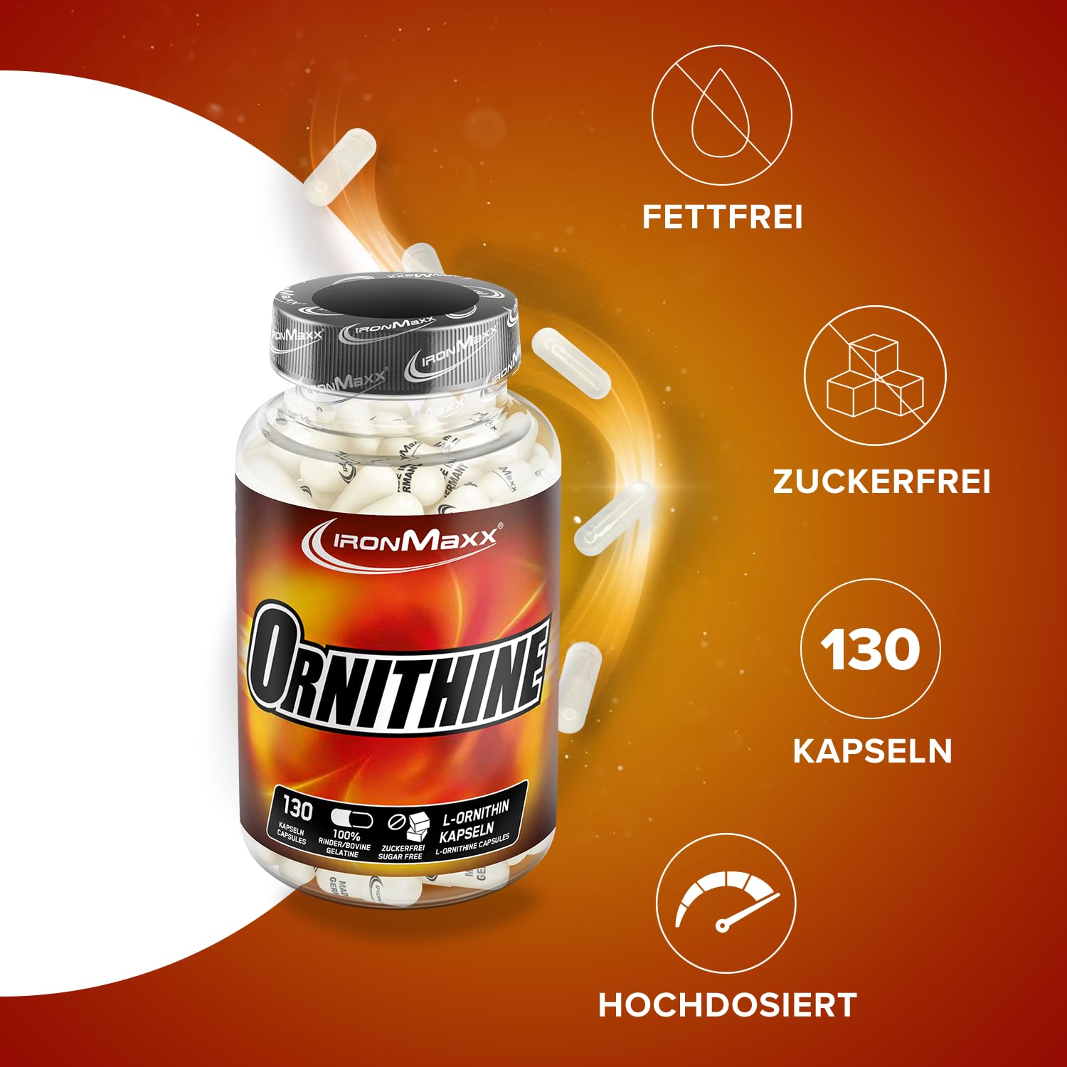 IronMaxx L-Ornithin – Nahrungsergänzungsmittel für eine erhöhte Regenerationskraft besonders in der Muskelaufbau Phase – 1 x 130 Kapseln