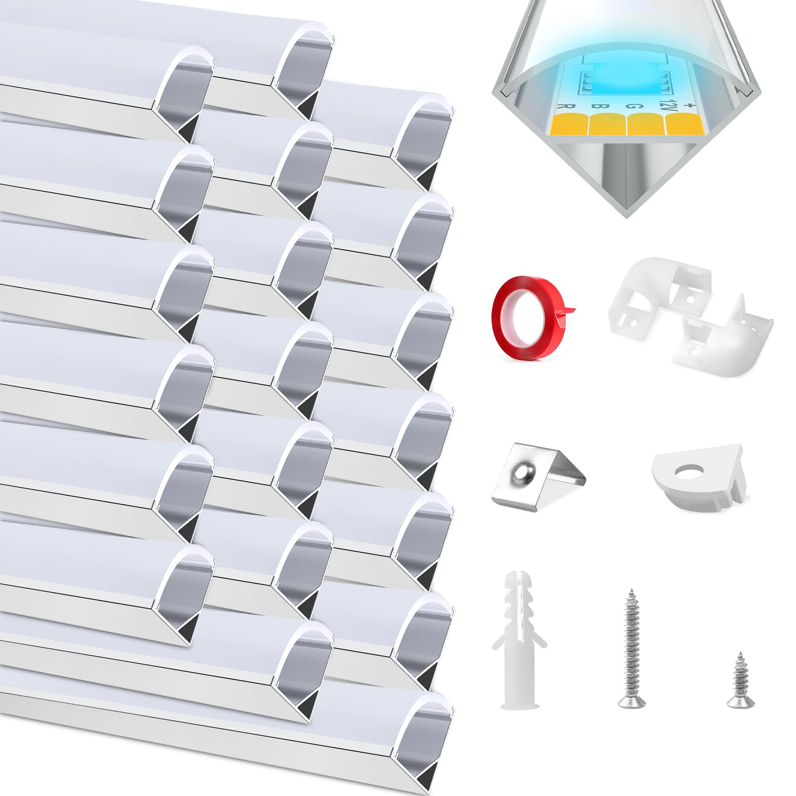 HOMMAND LED Profil, LED Aluminium Profil V-Form 20m, LED Leisten in Aluprofil mit Eckverbinder, Klebstoff, Endkappen und Montageclips, LED Streifen Kanal und Diffusor, LED Kanal 20 x 1m/3,3ft
