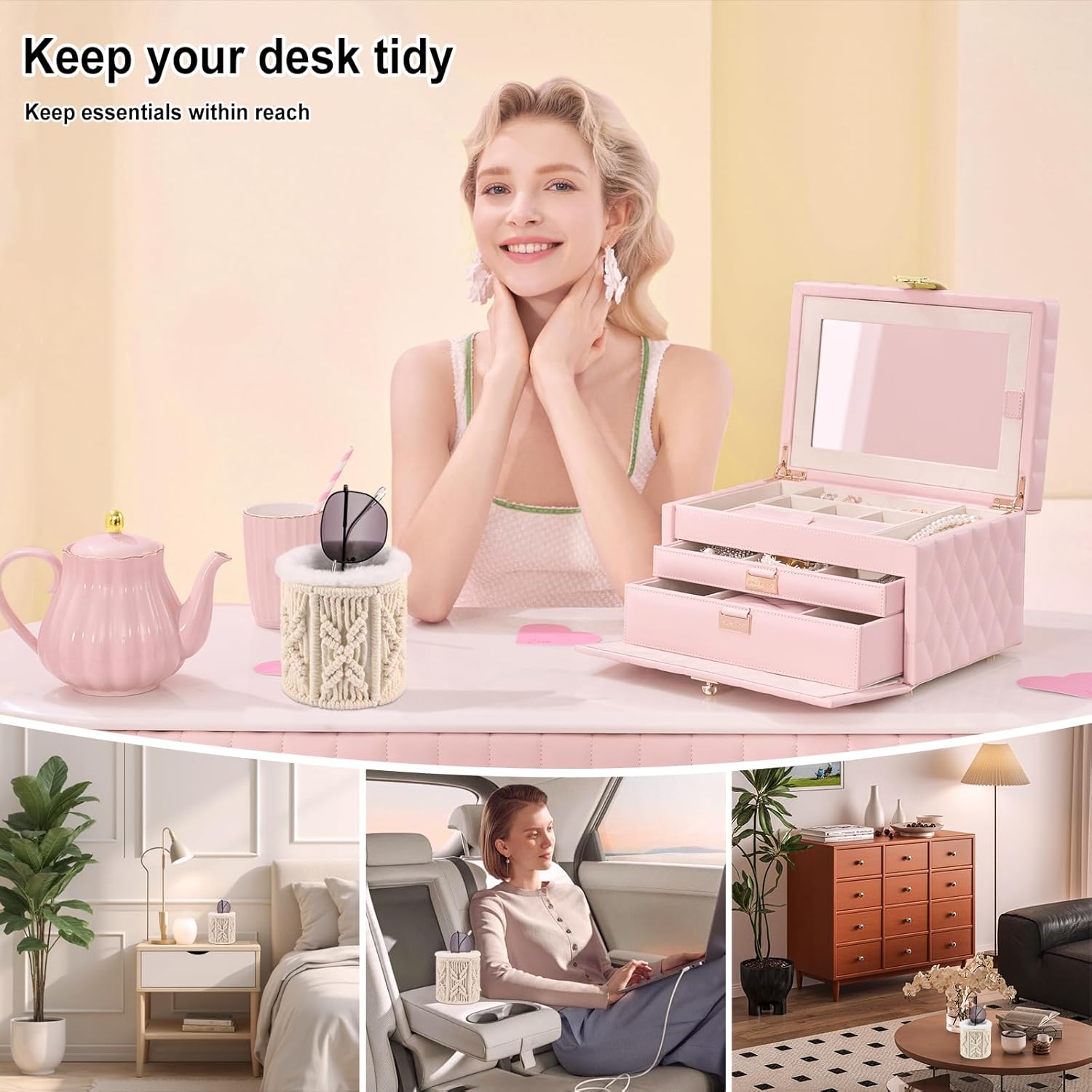 RayLove Glasses Holder for Nightstand, Boho Decor Eyeglass Case, Plush Lined Glasses Holder Stand for Office Desk Organizer - Image 3