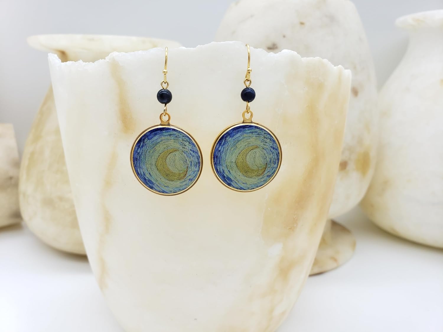 Van Gogh Starry Night Inspired Earrings - Gold-Plated Finish with Sodalite - Made in the USA