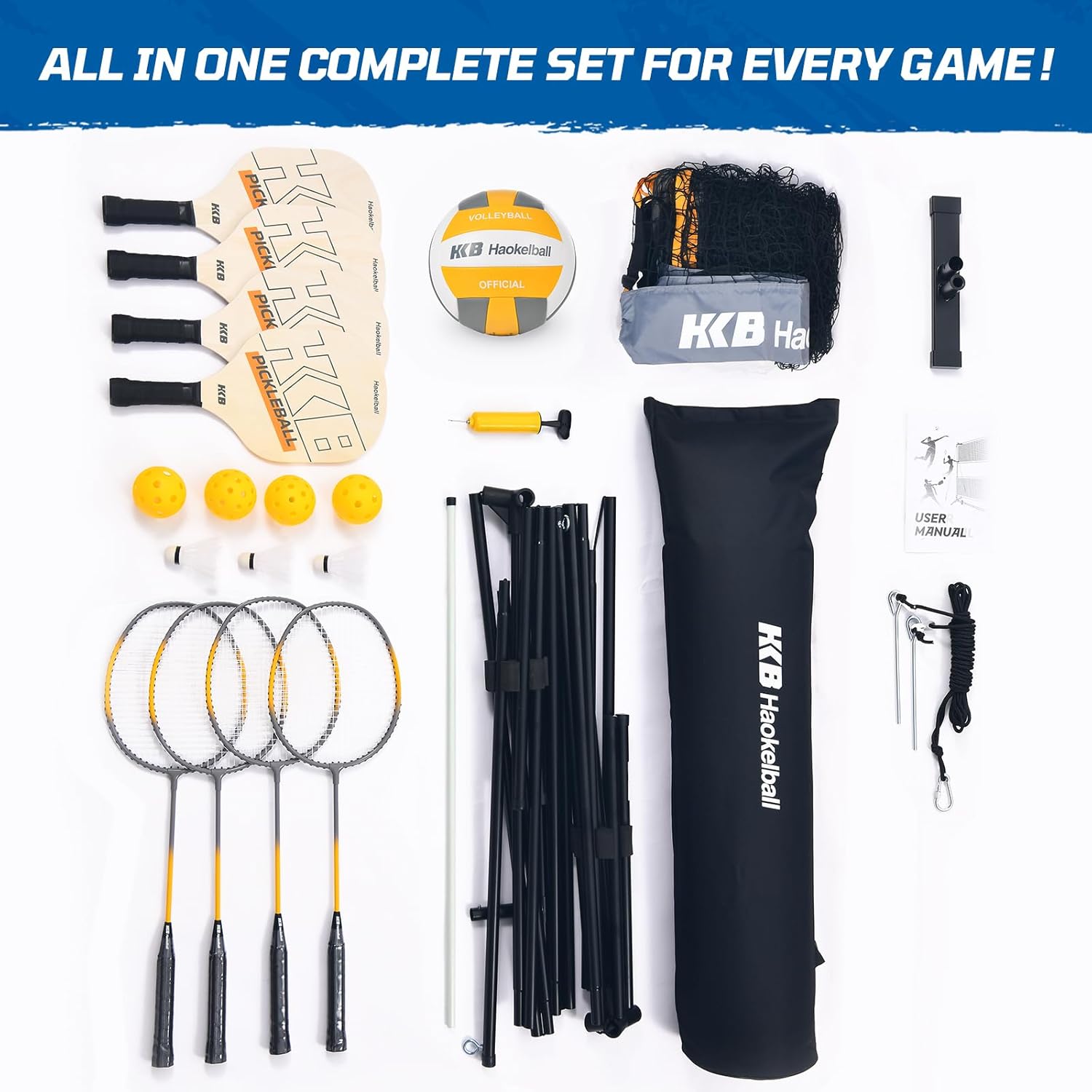 Haokelball Badminton Volleyball Pickleball Net Set, 22FT Portable All-in-One Nets System for Outdoor Beach Indoor with Adjustable Height, Includes Balls Rackets Pump Carry Bag