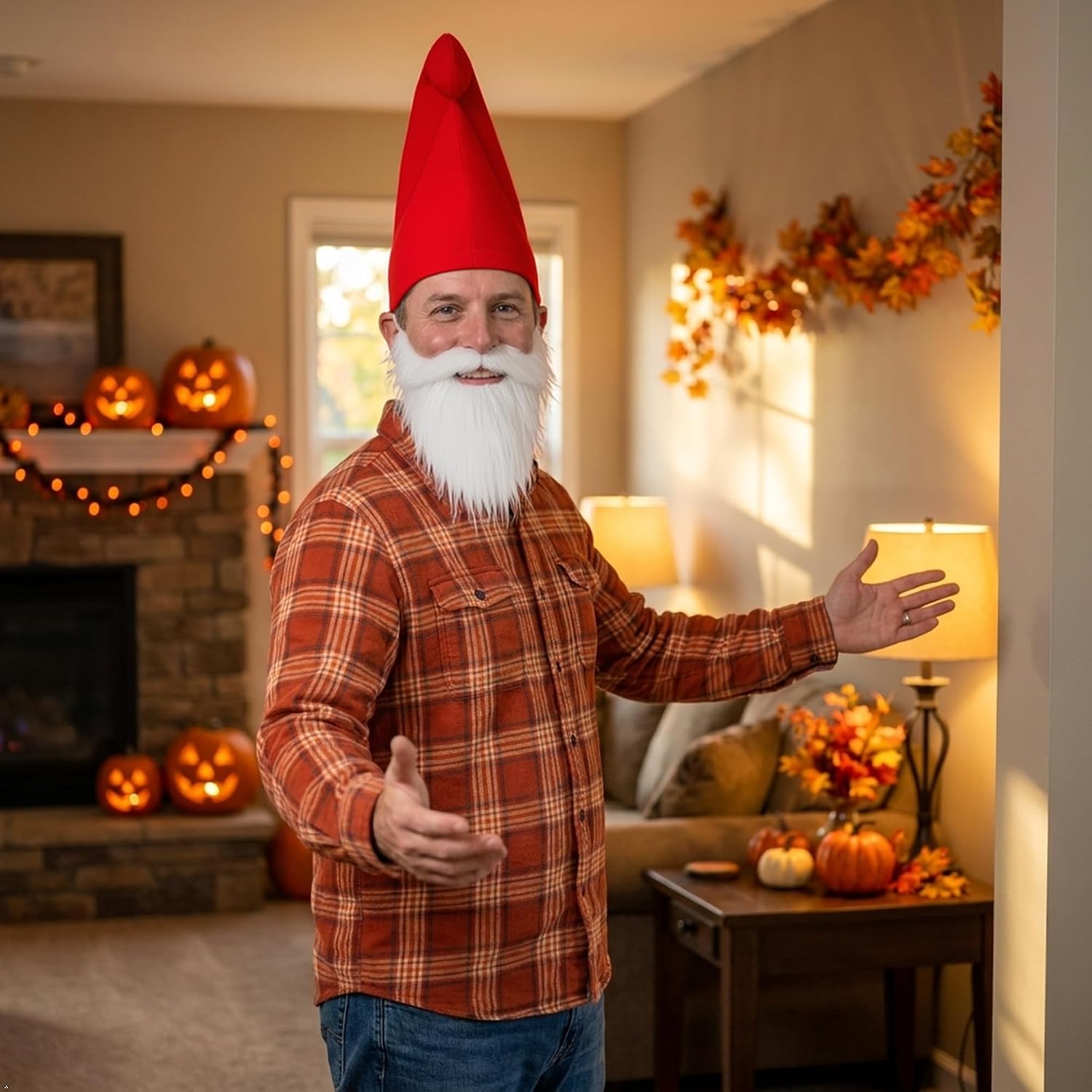 2 PCS Red Gnome Elf Hat and White Fake Beard