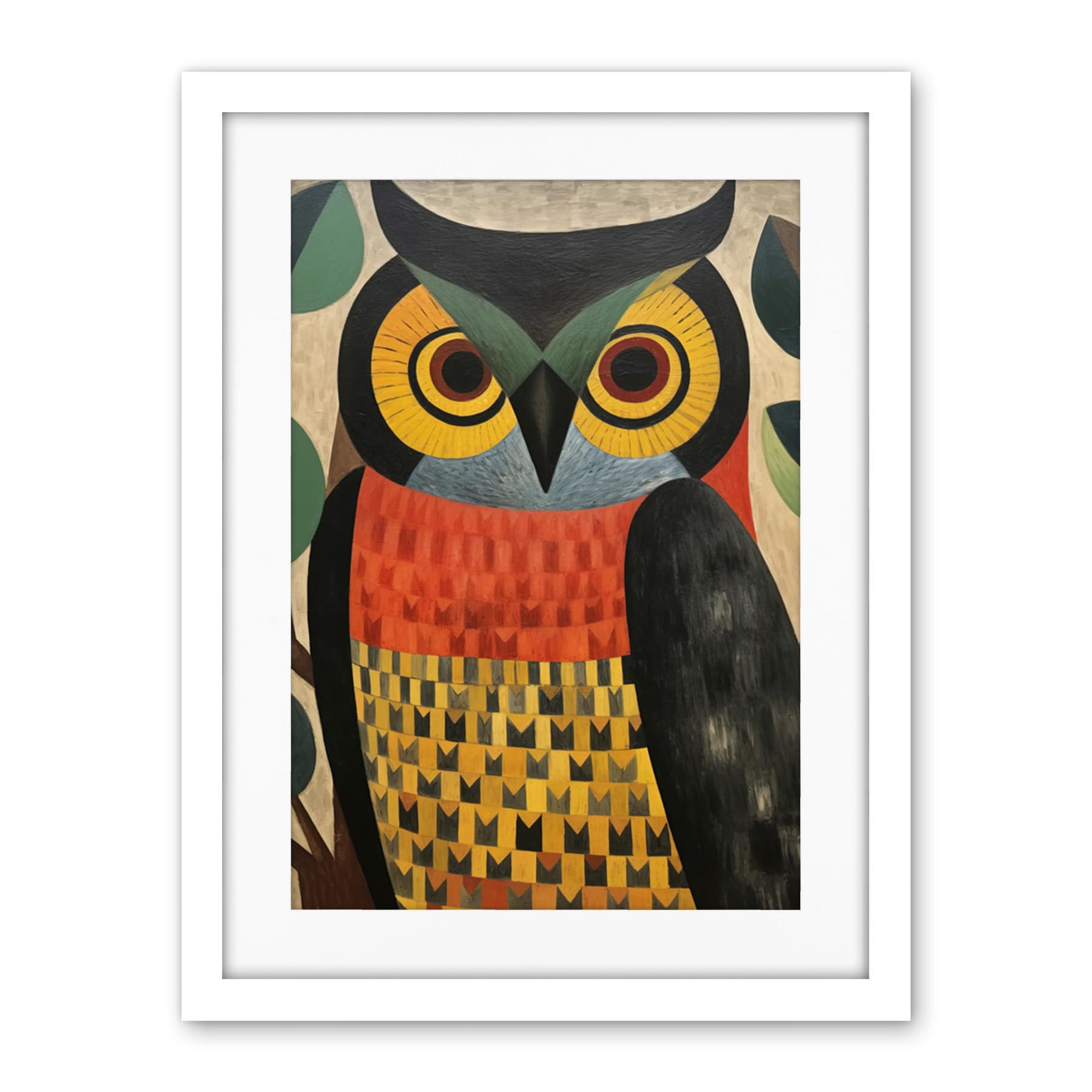 Artery8 Folk Art Geometric Owl Boho Colours Yellow Coral Green Bold but Subtle Artwork Framed Wall Art Print 18X24 Inch