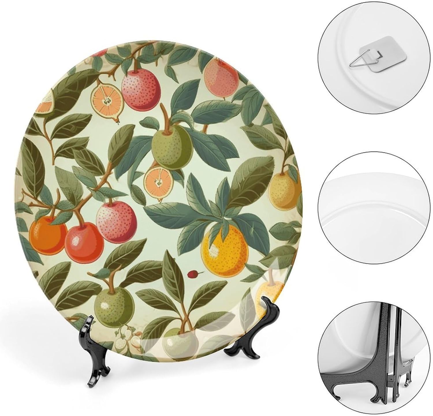 Plants And Fruits Decorative Plates for Display Round Porcelain Plate Living Room Table Ceramic Hanging Decorative Plate Art Decor for Living Room Table with 1 Display Stand 10inch