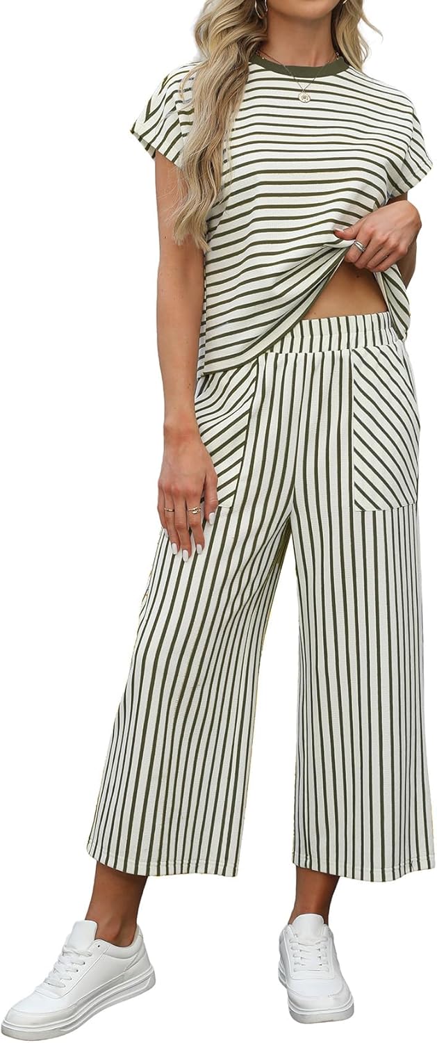 Sweetmoon 2 Piece Sets for Women Summer Outfits Short Sleeve Travel Outfits for Women Vacation Crop Pant Matching Lounge Set - Image 2