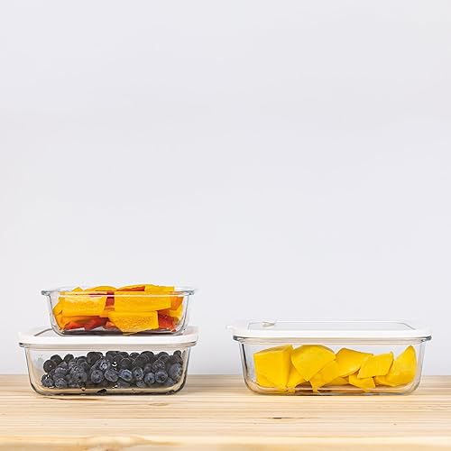 Miniatura 3 de Sio GLASS storage containers with GLASS lids, NO PLASTIC, Set of 3, Airtight Small Medium Large for Food Meal Prep, Silcone Bowl Container (White)