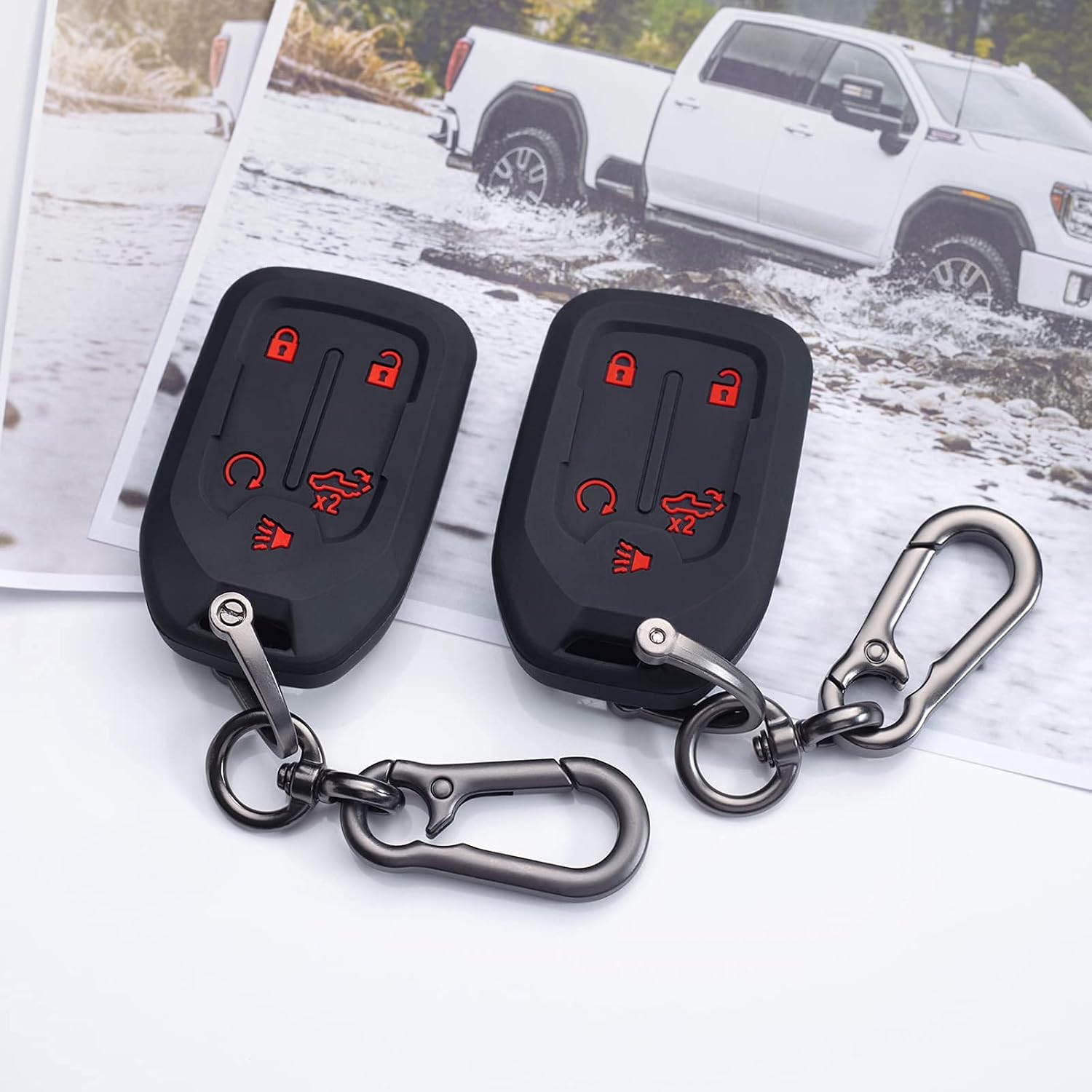 PIMCAR Remote Silicone Protector Smart 5-Button Key Fob Case Cover Compatible with 2019-2023 Chevrolet Chevy Silverado and GMC Sierra 1500 2500HD 3500HD Accessories (Black with Red Button, 2PCS)
