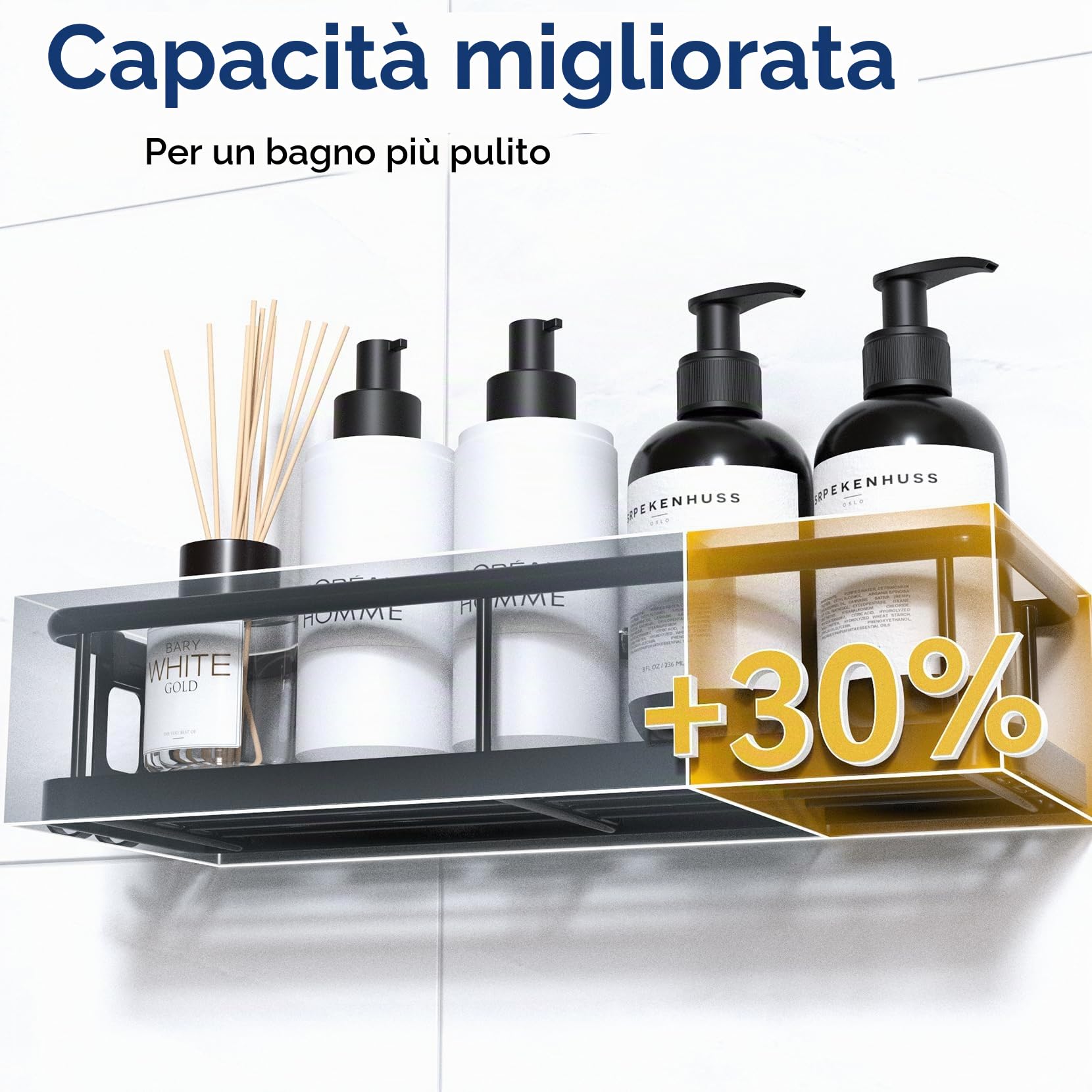 YASONIC Porta sapone per doccia 6 Pezzi Mensola doccia senza foratura, grande capacità con 12 ganci e Portasapone doccia, Impermeabile e antiruggine Porta shampoo doccia, Organizer doccia, Nero