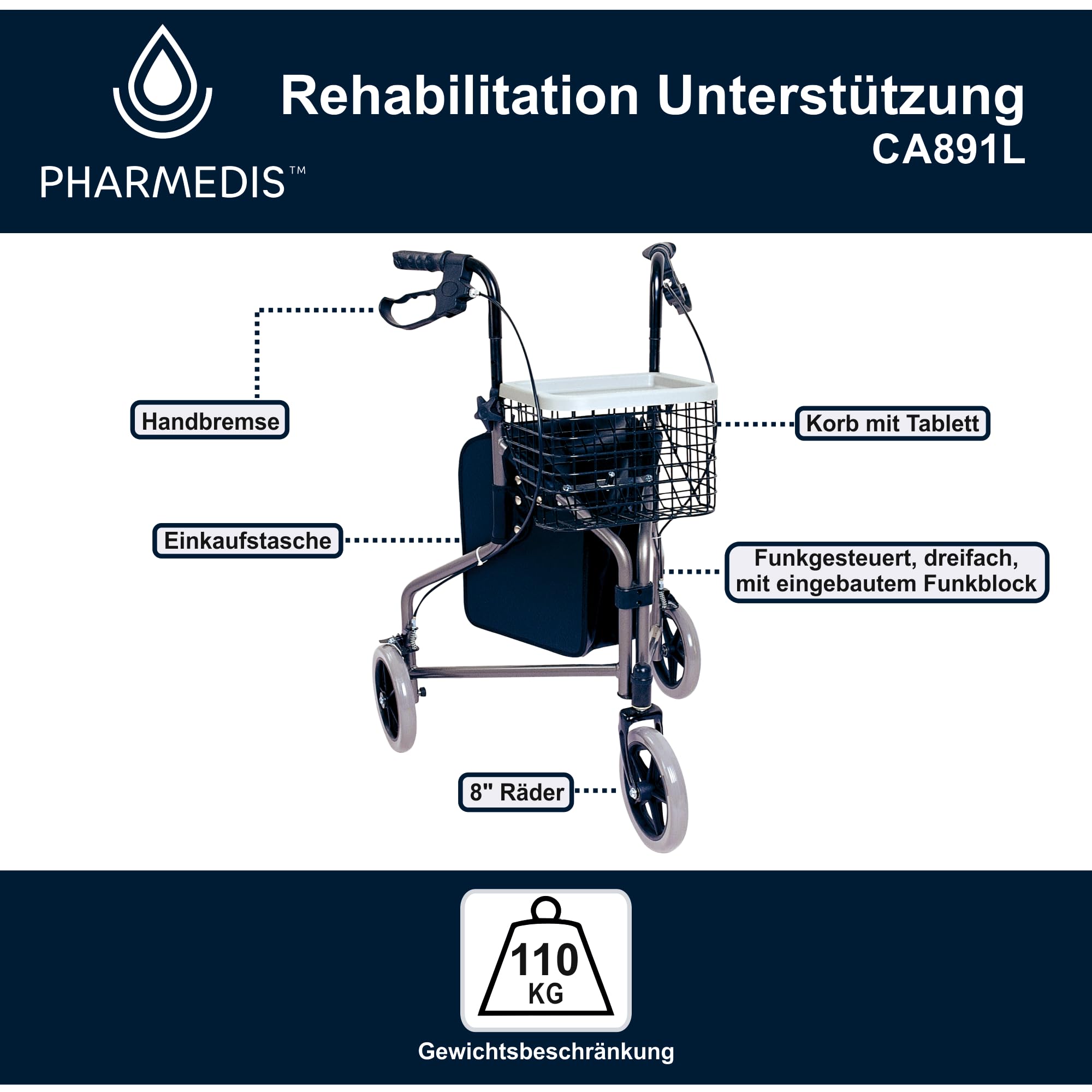 Einkaufswagen Leicht Gehhilfe mit Sitz - Aluminium Seniorenrollator - Rollstuhl für Senioren mit drei Rädern - Männer und Frauen - Schmal Rollator für Wohnung - Indoor und Outdoor
