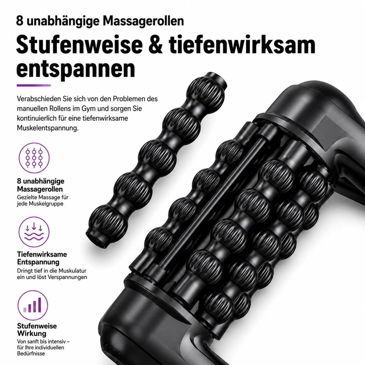 MoCho® Faszienrolle Elektrisches Rollen-Massagegerät mit 8 rotierenden Massagerollen, kabellos & wiederaufladbar, 5 Intensitätsstufen, Tiefengewebsmassage für Rücken, Nacken, Beine, Arme & Faszien
