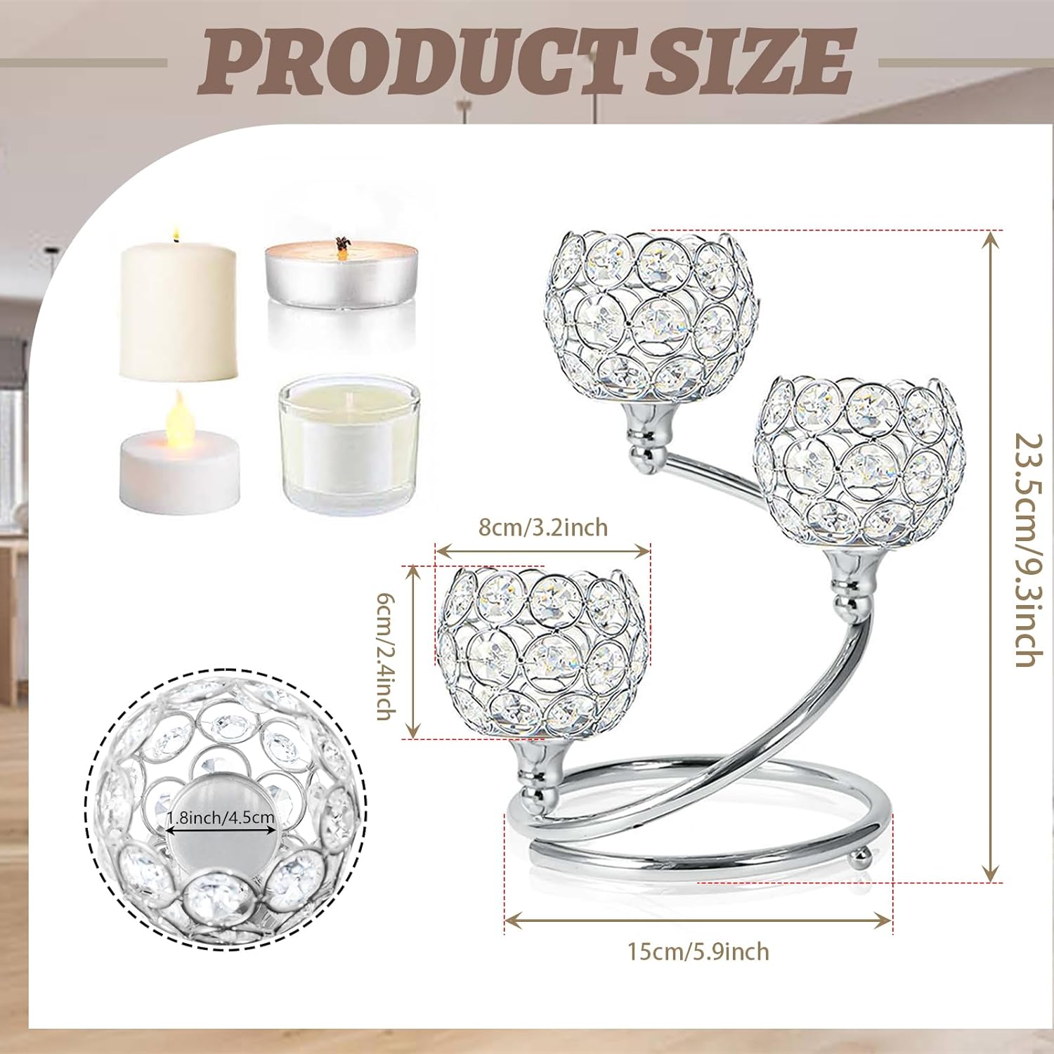 Sliver Metal Crystal Candle Holder - Modern 3-Arm Tea Light Centerpiece with Sparkling Crystal Bowl, Elegant Table Decor for Weddings, Anniversaries, Dining & Parties