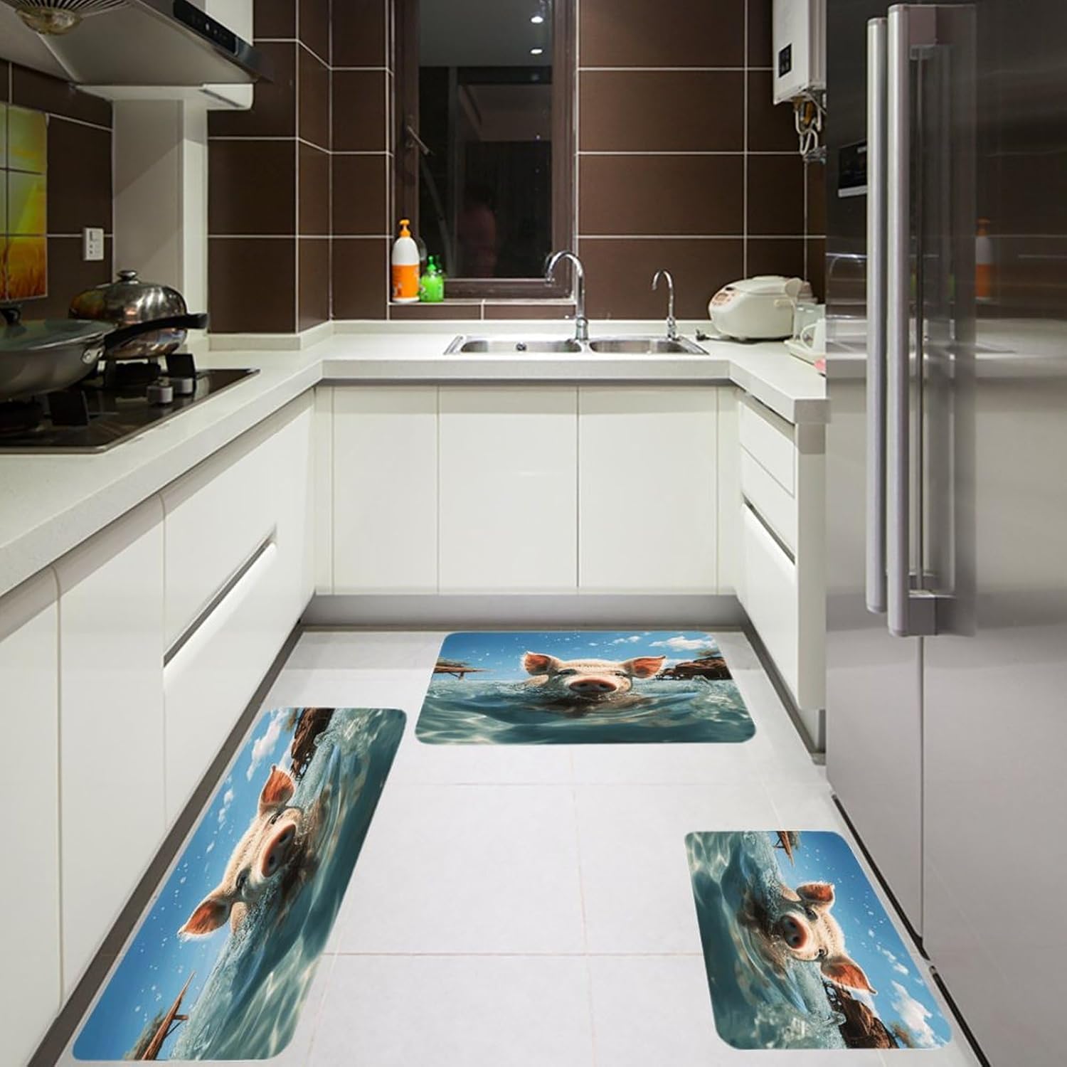 Pig Swim Bathe Kitchen Mats Soft Absorbent Rugs for Floor Non Slip Washable Kitchen Mats Fashion Rectangular Rugs for Three-Piece Set for Laundry Office Home Sink
