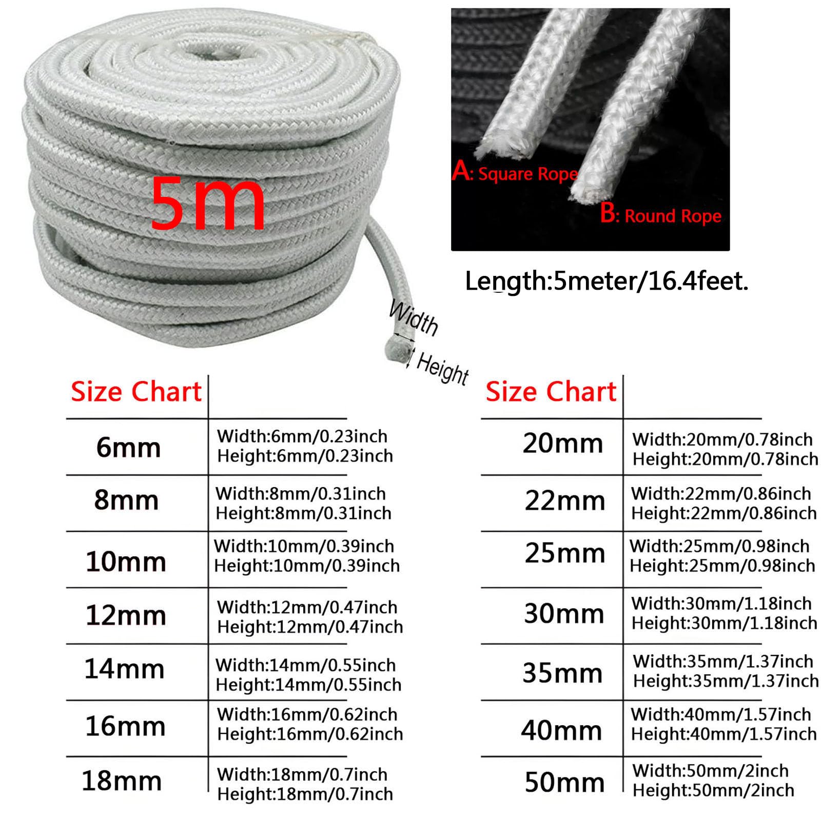 Guarnizione per stufa a legna, 5 m, in fibra di ceramica, resistente alle alte temperature, per stufe, camini, porte (diametro 50 mm)