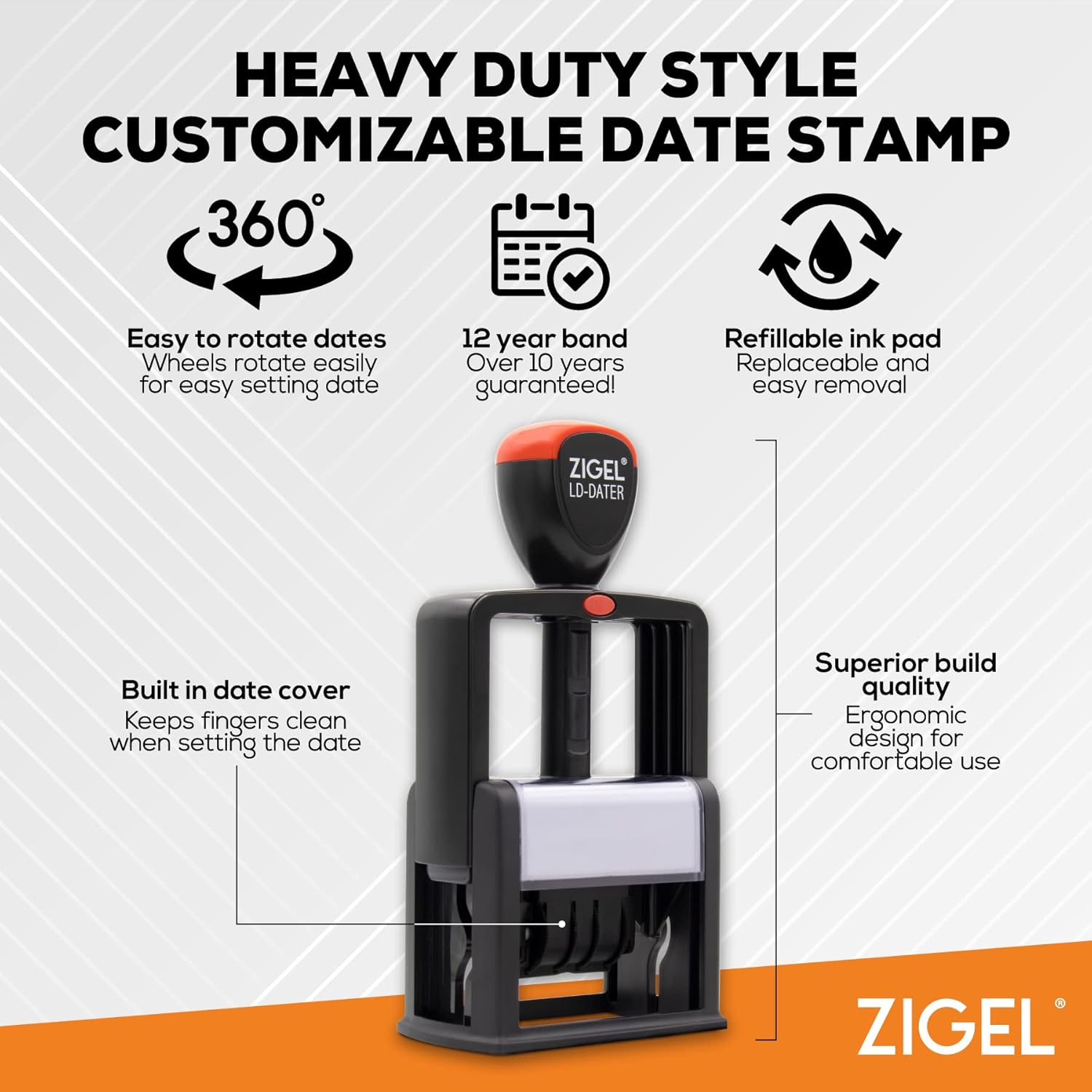 ZIGEL Heavy Duty Style Self Inking Date Stamp with Received - Style A - Red Ink
