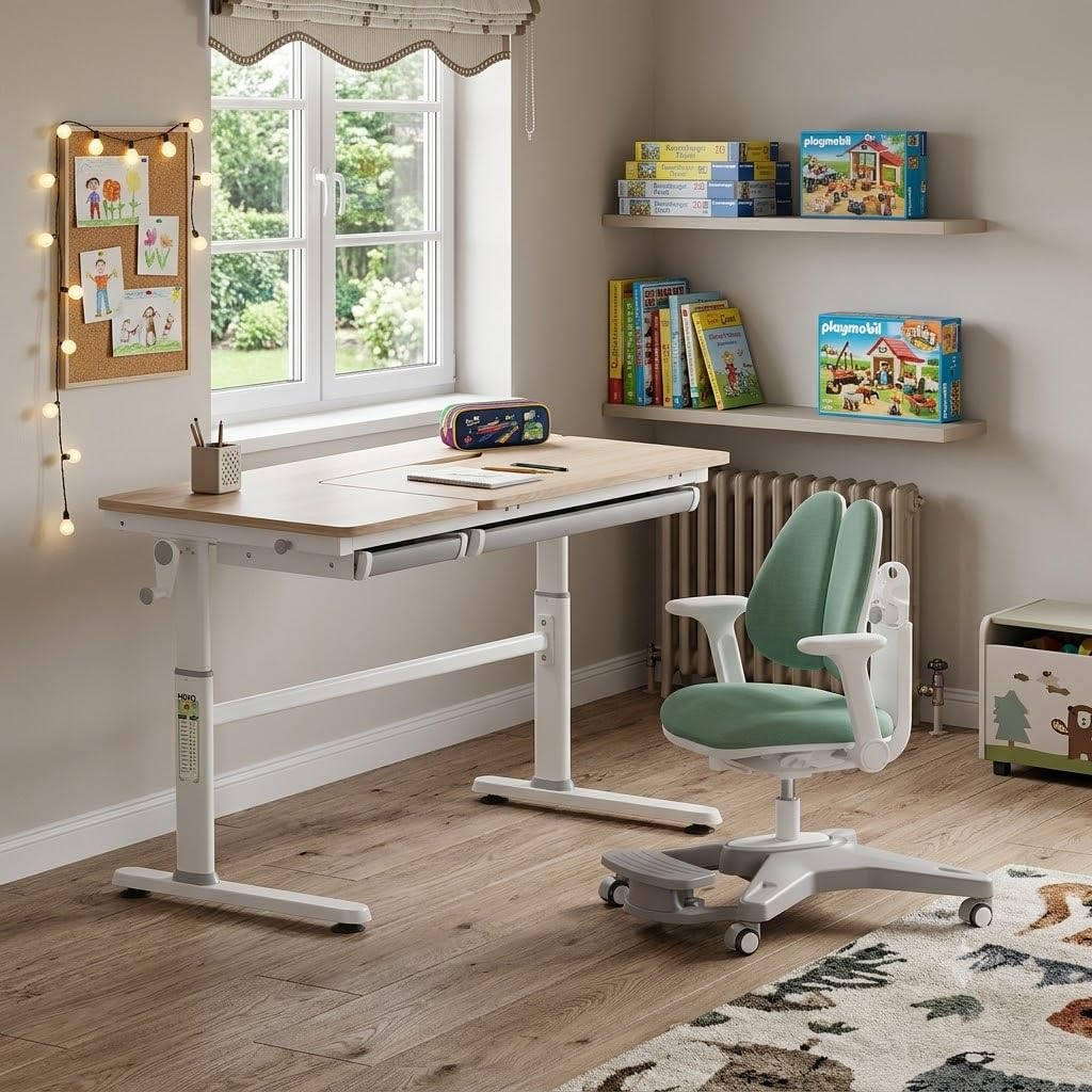 HOKO Kinderschreibtisch, Höhenverstellbar Kinderschreibtische 120x60 cm, Schreibtisch Kinder ab 6 Jahren, neigbare Tischplatte mit Schubladen, 100kg Belastbarkeit, Verstellbar von 54-76cm (Holz,CELIN)