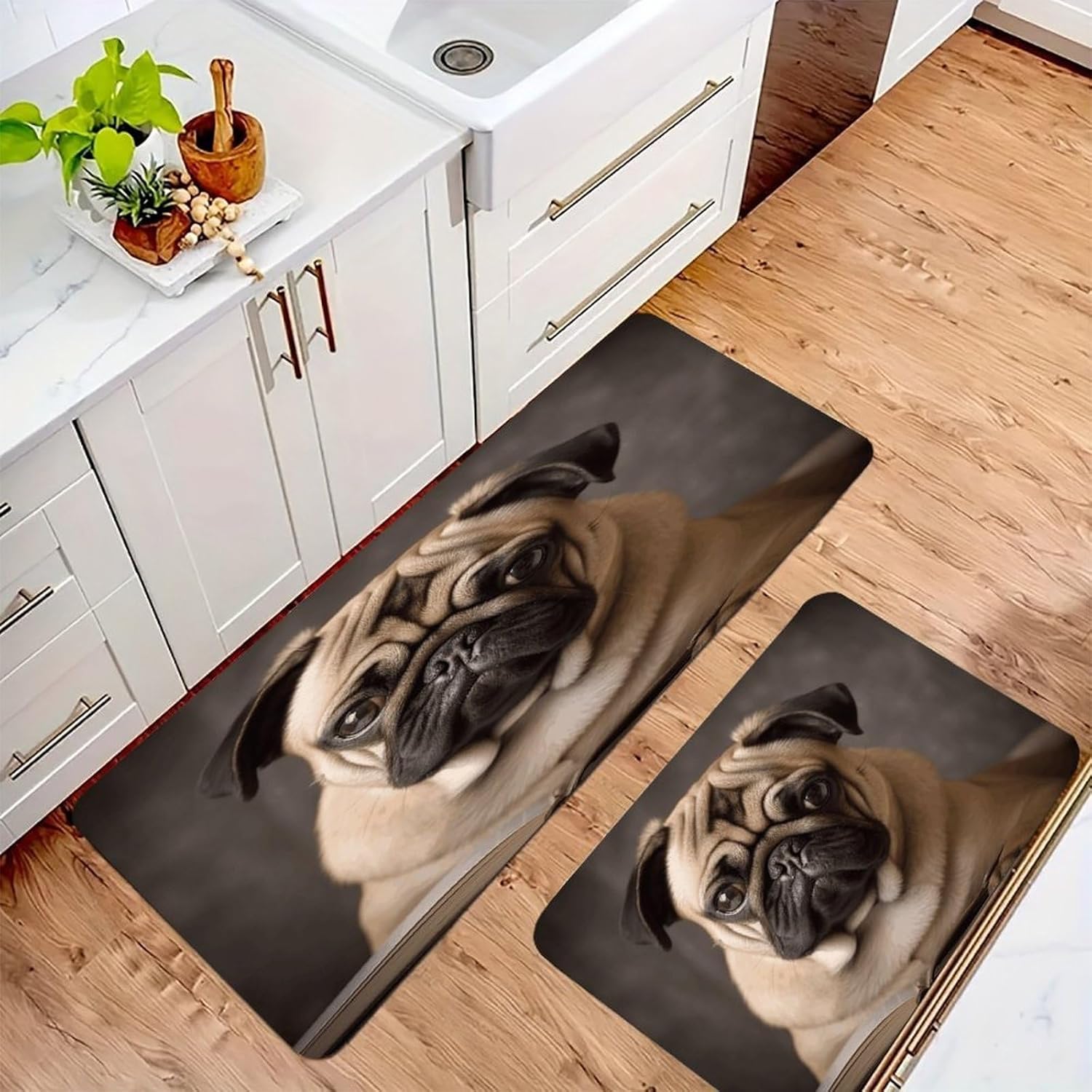 Animal Pug Dog Kitchen Mat Washable Non Slip Rugs Soft Kitchen Mats for Floor Set of 2 PCS Cushioned Absorbent Runner Standing Rugs for Home Sink Laundry Office