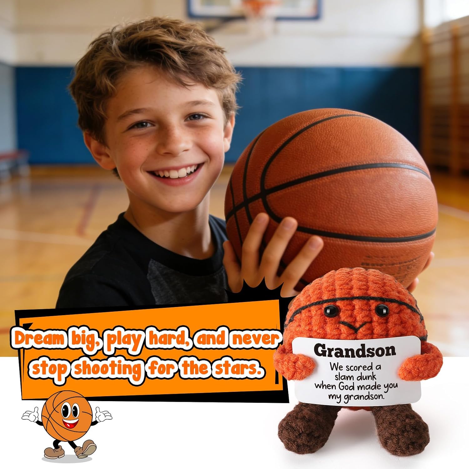 Gifts for Grandson from Grandma Grandpa - Handmade Crochet Basketball, Graduation Birthday Xmas Presents for Him, Best Grandson Ever Gift - Christmas Stocking Stuffer Gifts for Grandsons