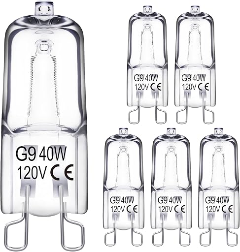 EvaStary G9 Halogen Light Bulbs 2 pin 120V 40W, Dimmable Warm White 2800K | G9 Bulb Long Lasting T4 JCD Type for Chandeliers, Range Hood Light, Oven Bulb Replacement, Bathroom, Cabinet Lights, 6 Pack