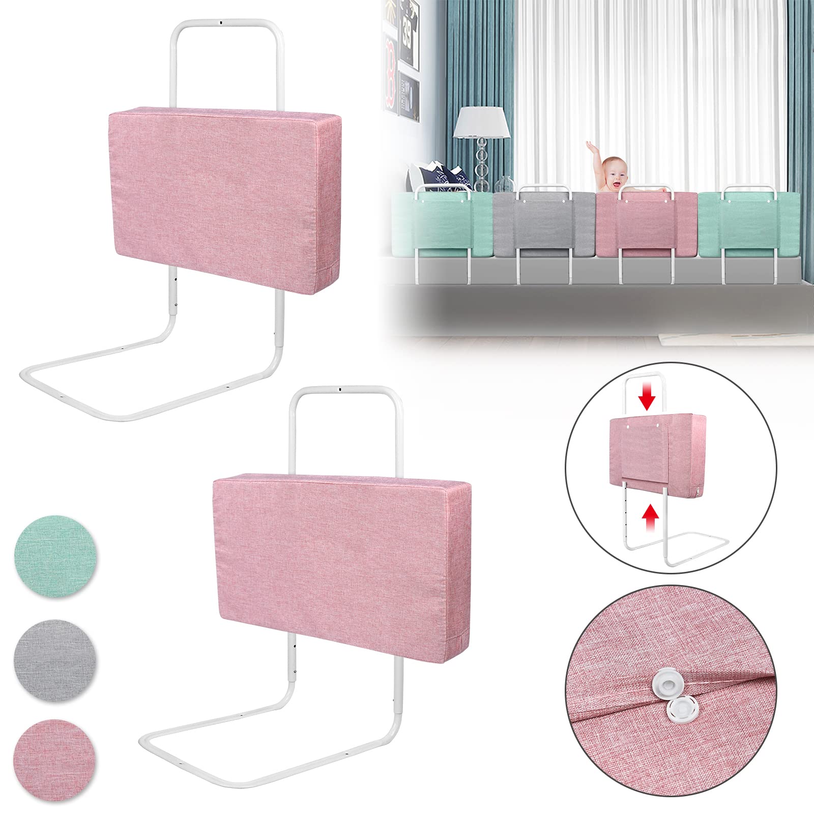 UISEBRT 2 barreras de protección para cama infantil, 50 cm, 5 agujeros, altura regulable, protección anticaídas, para cama familiar y cama infantil (100 cm, rosa cerezo)