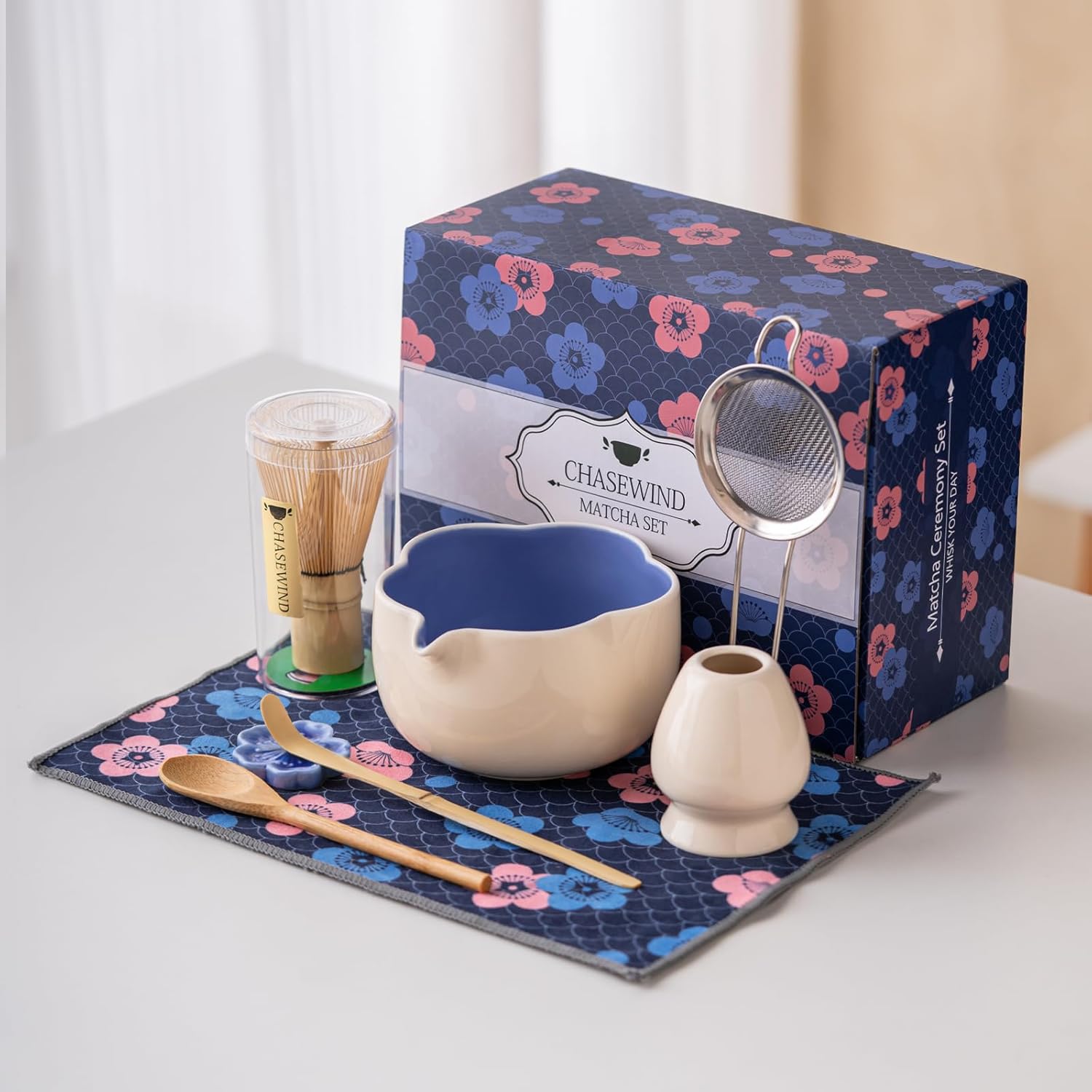 Matcha Set, 8Pcs Floral Ceramic Matcha Set with Matcha Whisk, Holder, Scoop, Scoop Rest, Sifter, Spoon and Tea Towel - Thoughtful Matcha Whisk Set Gift for Matcha Lovers (Beige & Blue) - Image 2